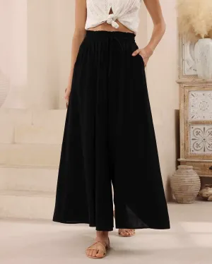 Iris Maxi Palazzo Pants Drawstring Waist Wide Leg - Black
