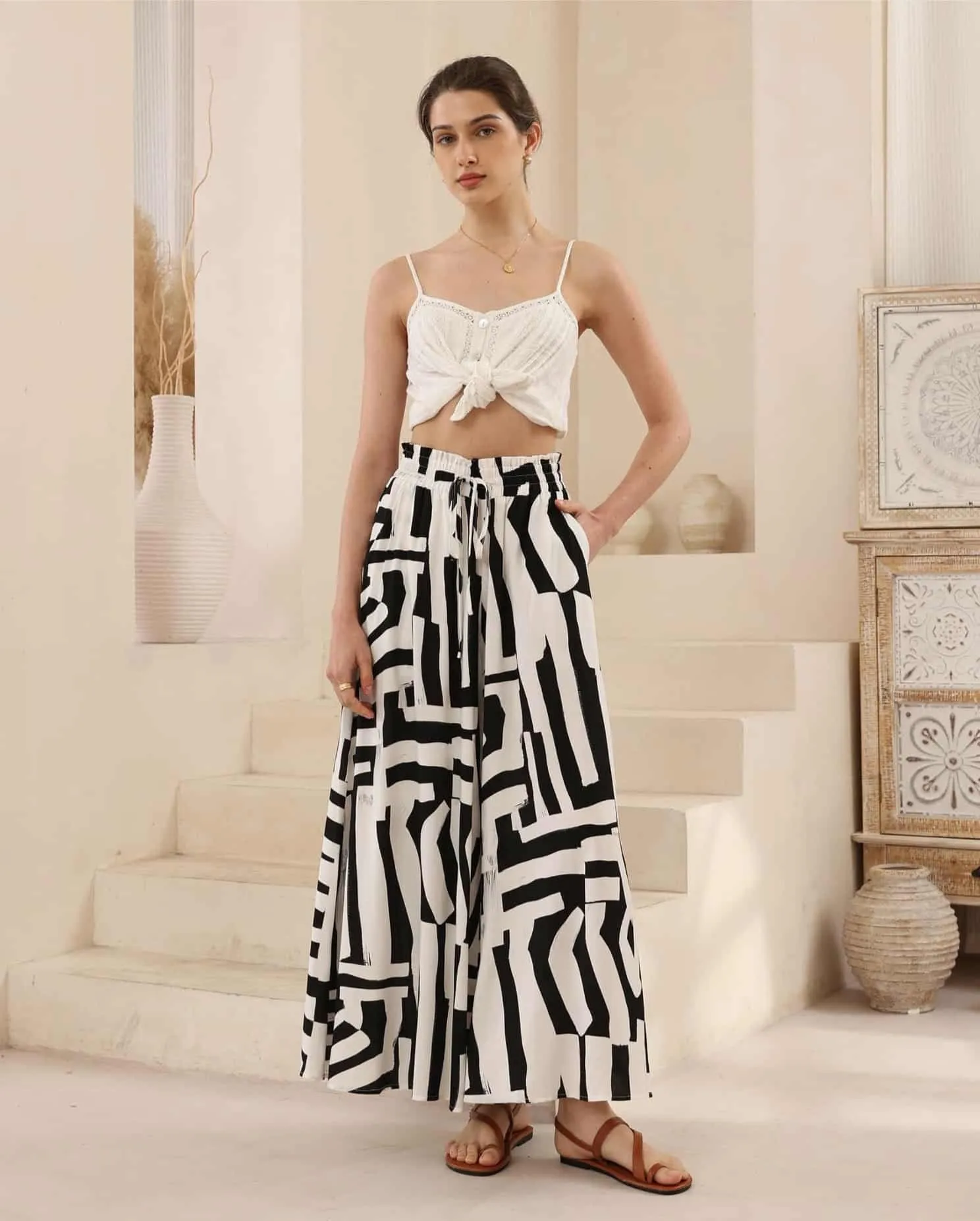 Iris Maxi Palazzo Pants Drawstring Waist Wide Leg - Cruella