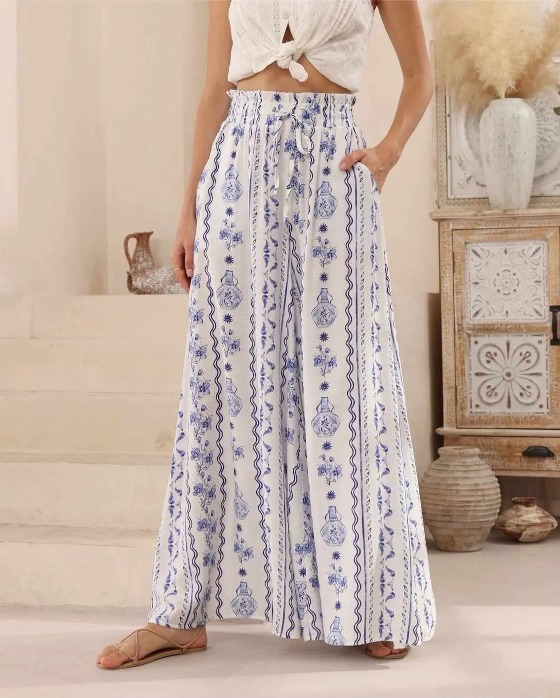 Iris Maxi Palazzo Pants Drawstring Waist Wide Leg - Sicily