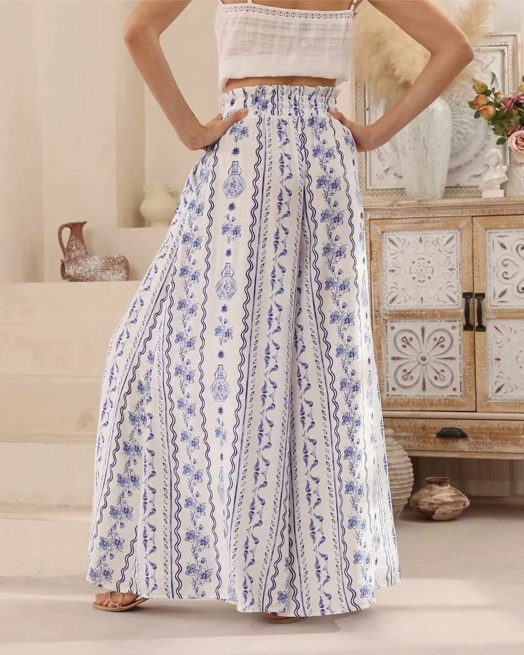 Iris Maxi Palazzo Pants Drawstring Waist Wide Leg - Sicily