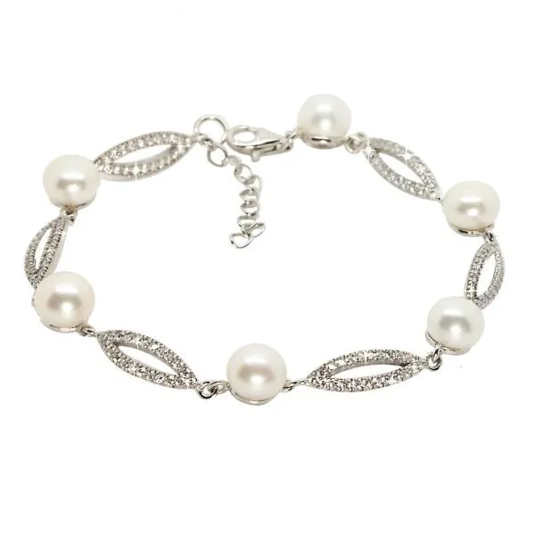 Lido Sterling Silver Freshwater Pearl Cubic Zirconia Bracelet T115B