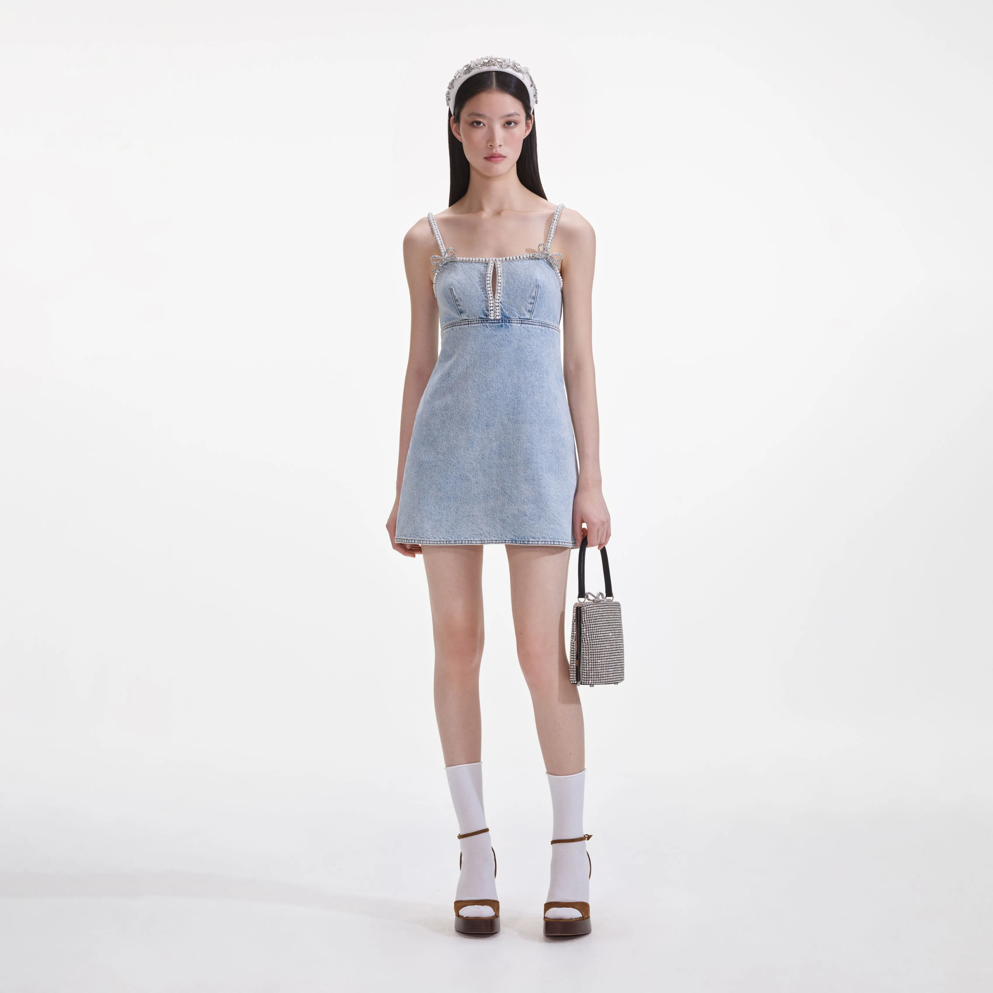 Light Blue Denim Pearl Mini Dress Self Portrait