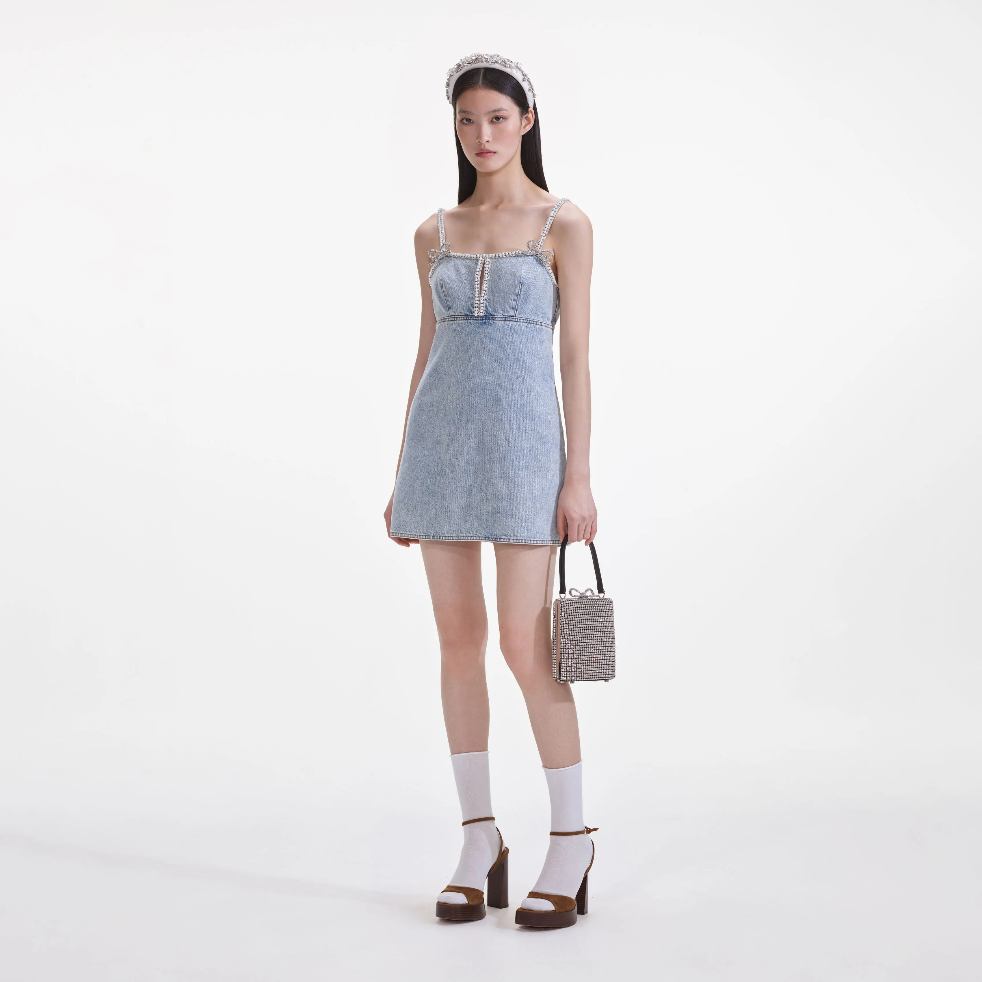 Light Blue Denim Pearl Mini Dress Self Portrait
