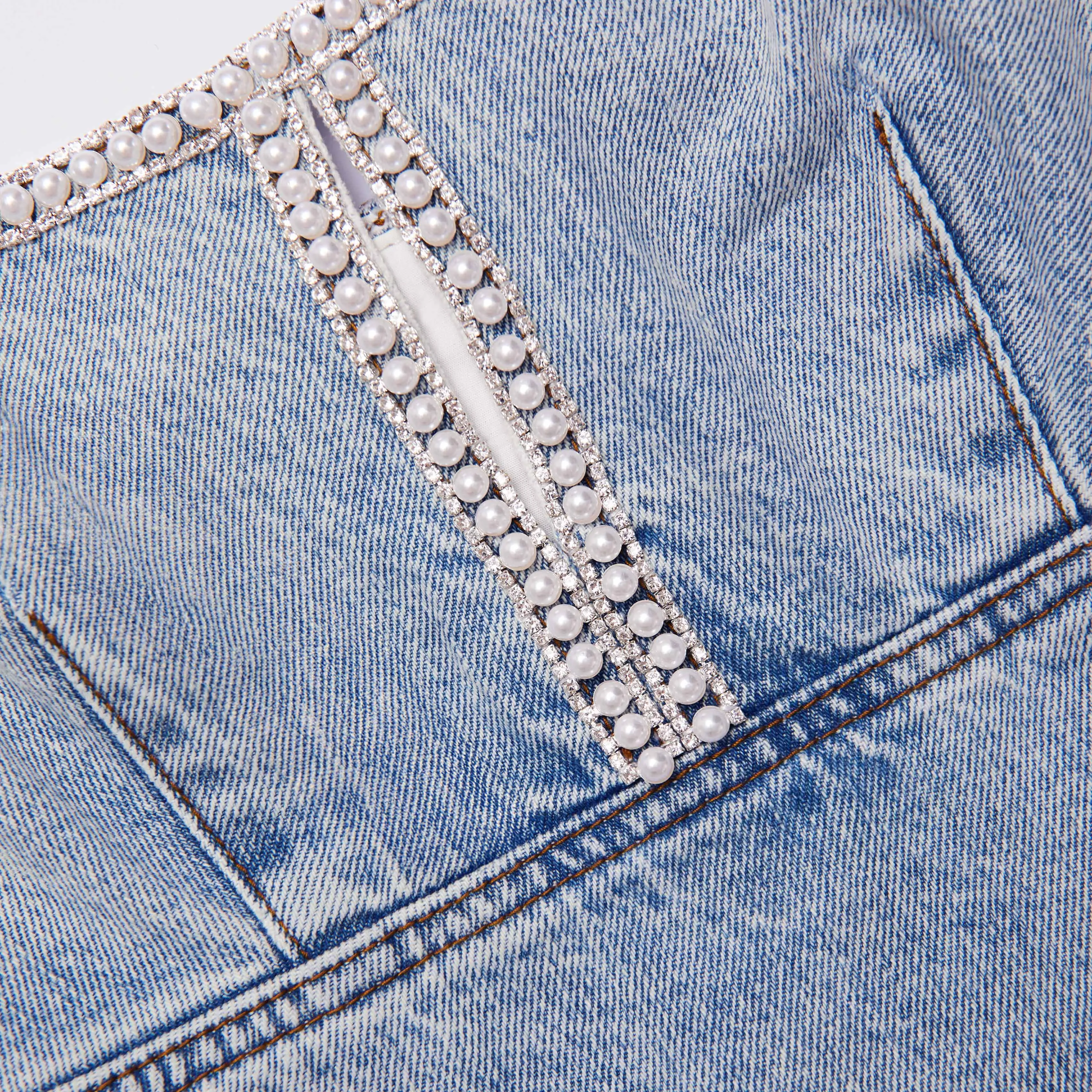 Light Blue Denim Pearl Mini Dress Self Portrait
