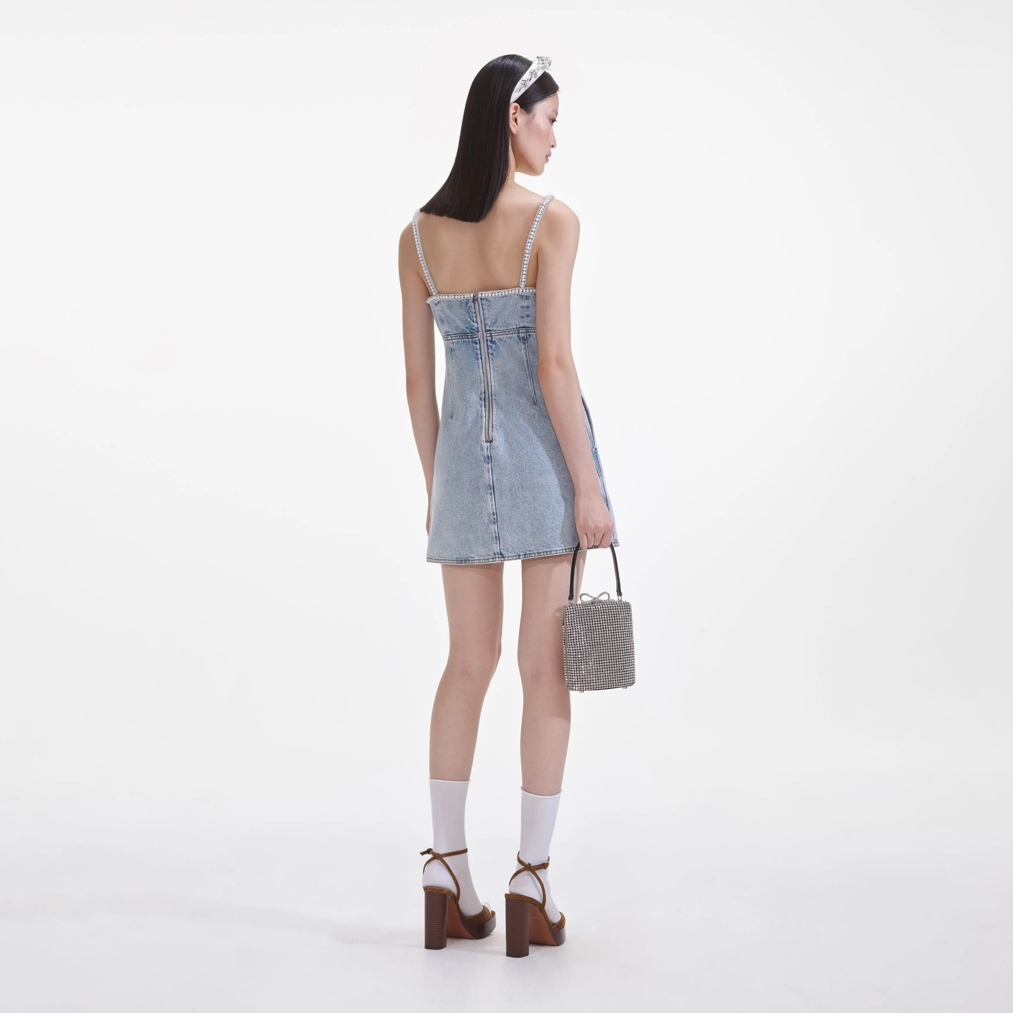 Light Blue Denim Pearl Mini Dress Self Portrait