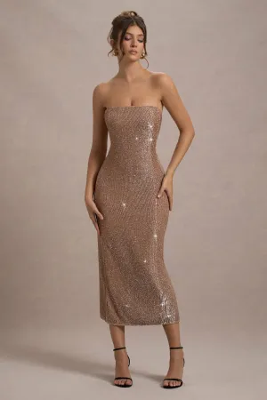 Lilabelle | Rose Gold Plisse Sequin Bandeau Midi Dress Club L London