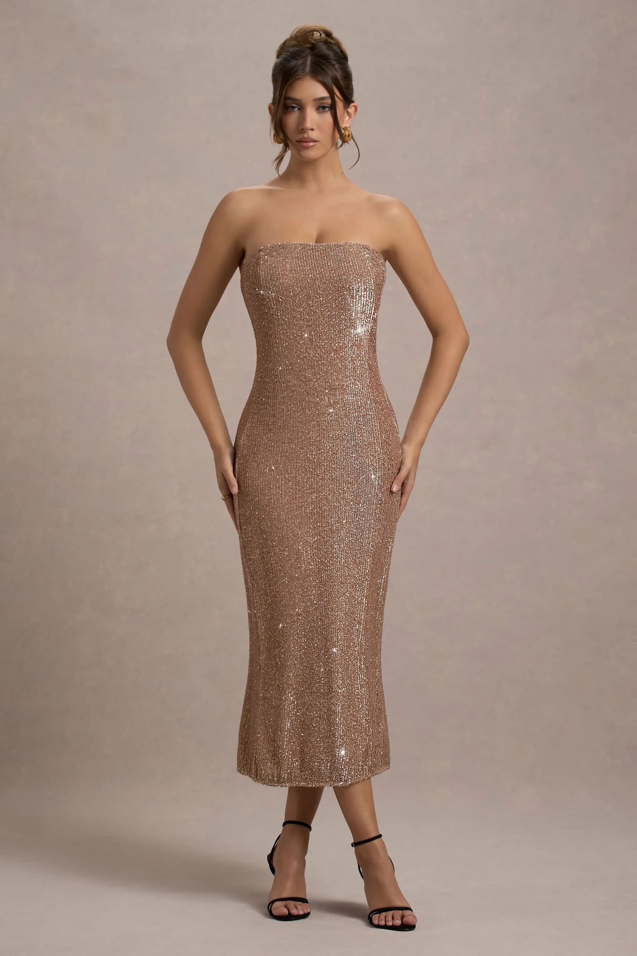 Lilabelle | Rose Gold Plisse Sequin Bandeau Midi Dress Club L London