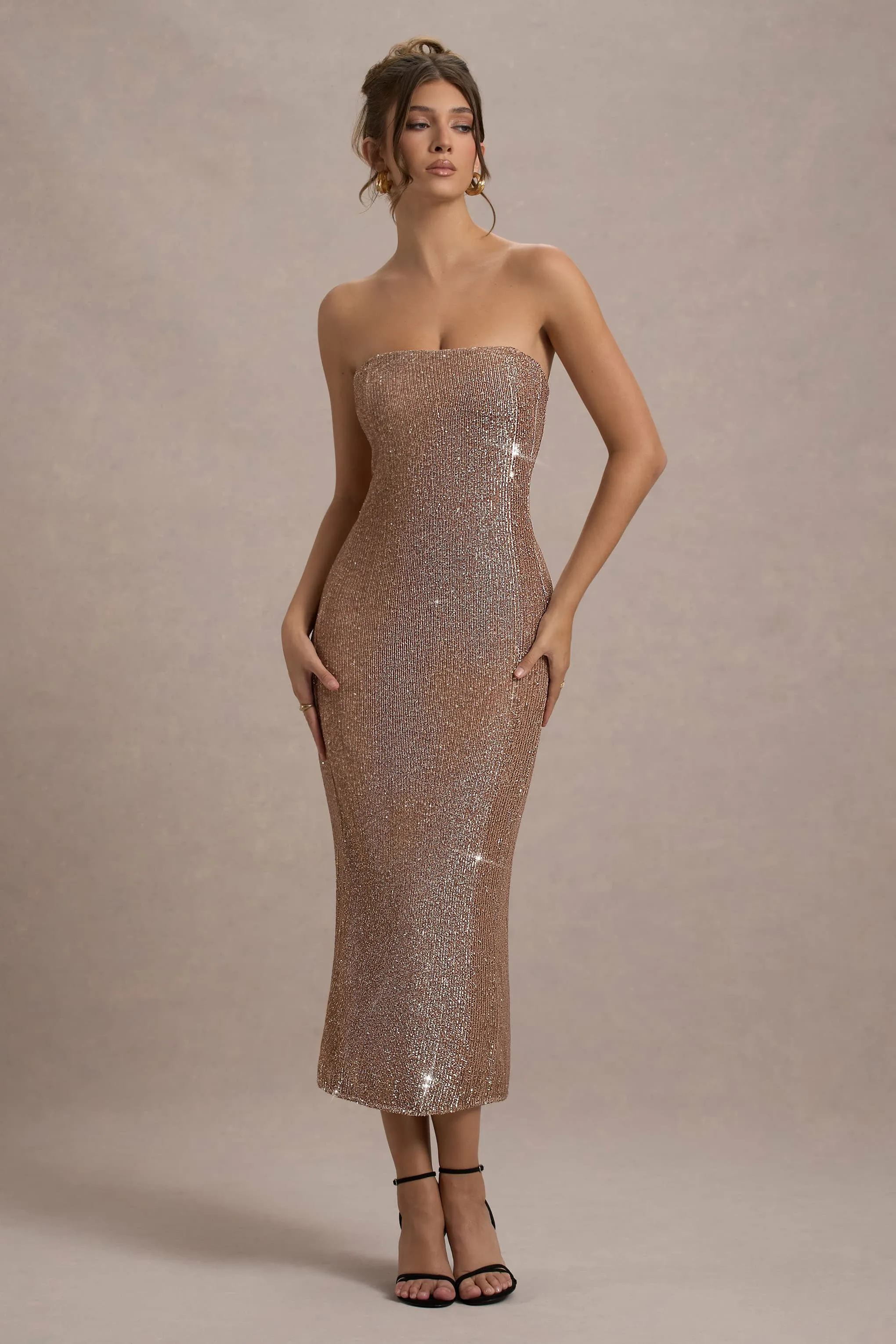 Lilabelle | Rose Gold Plisse Sequin Bandeau Midi Dress Club L London