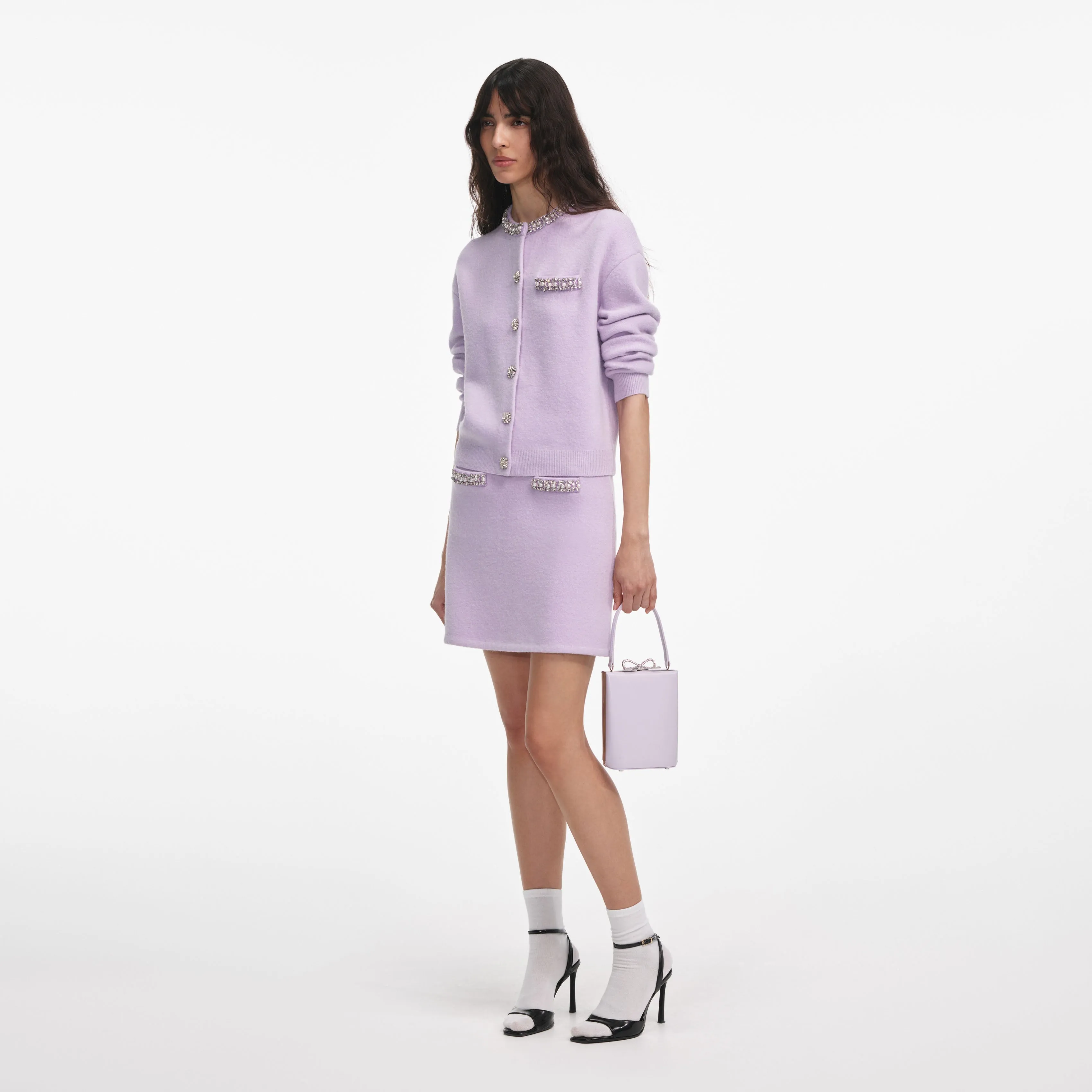 Lilac Crystal Trim Knit Skirt Self Portrait