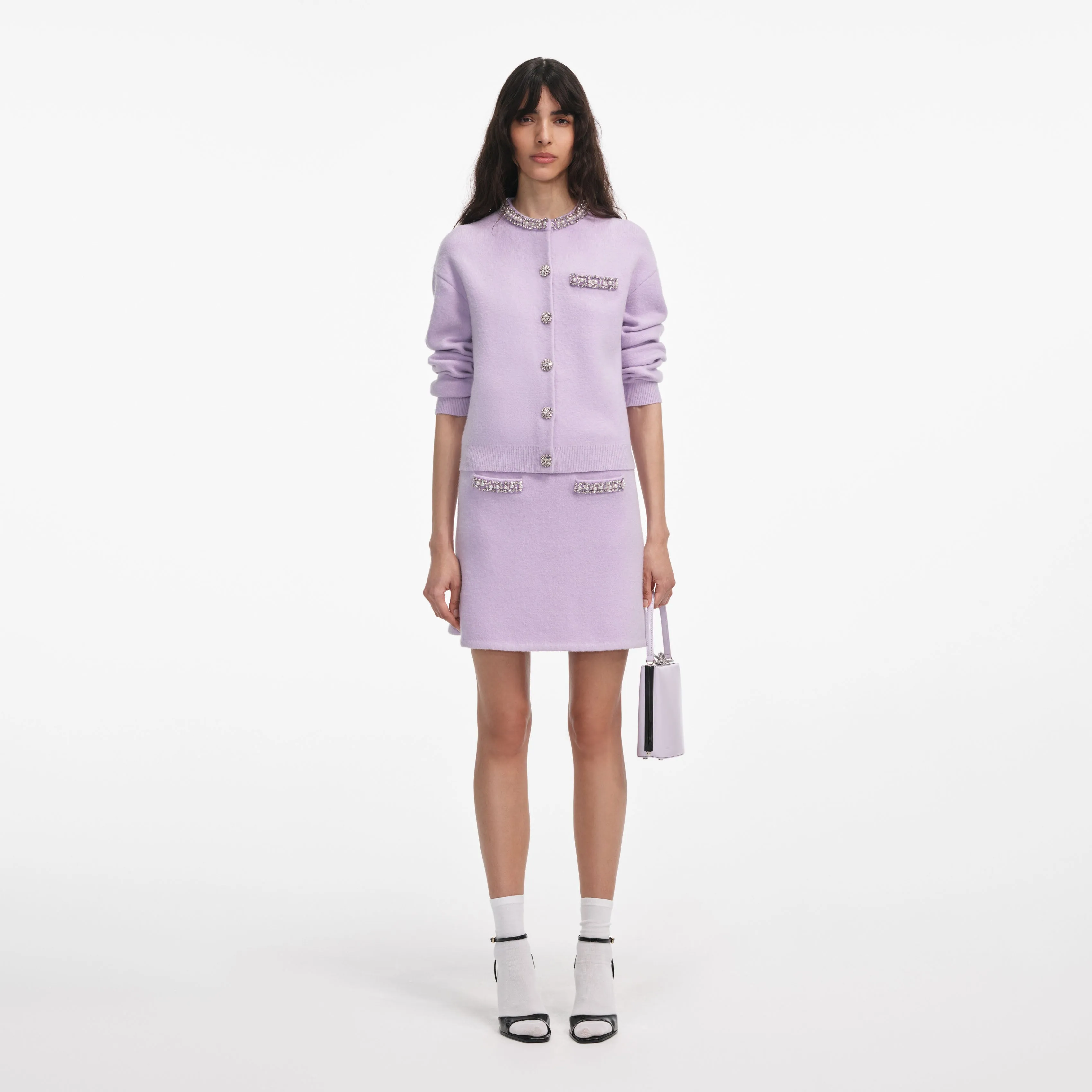 Lilac Crystal Trim Knit Skirt Self Portrait