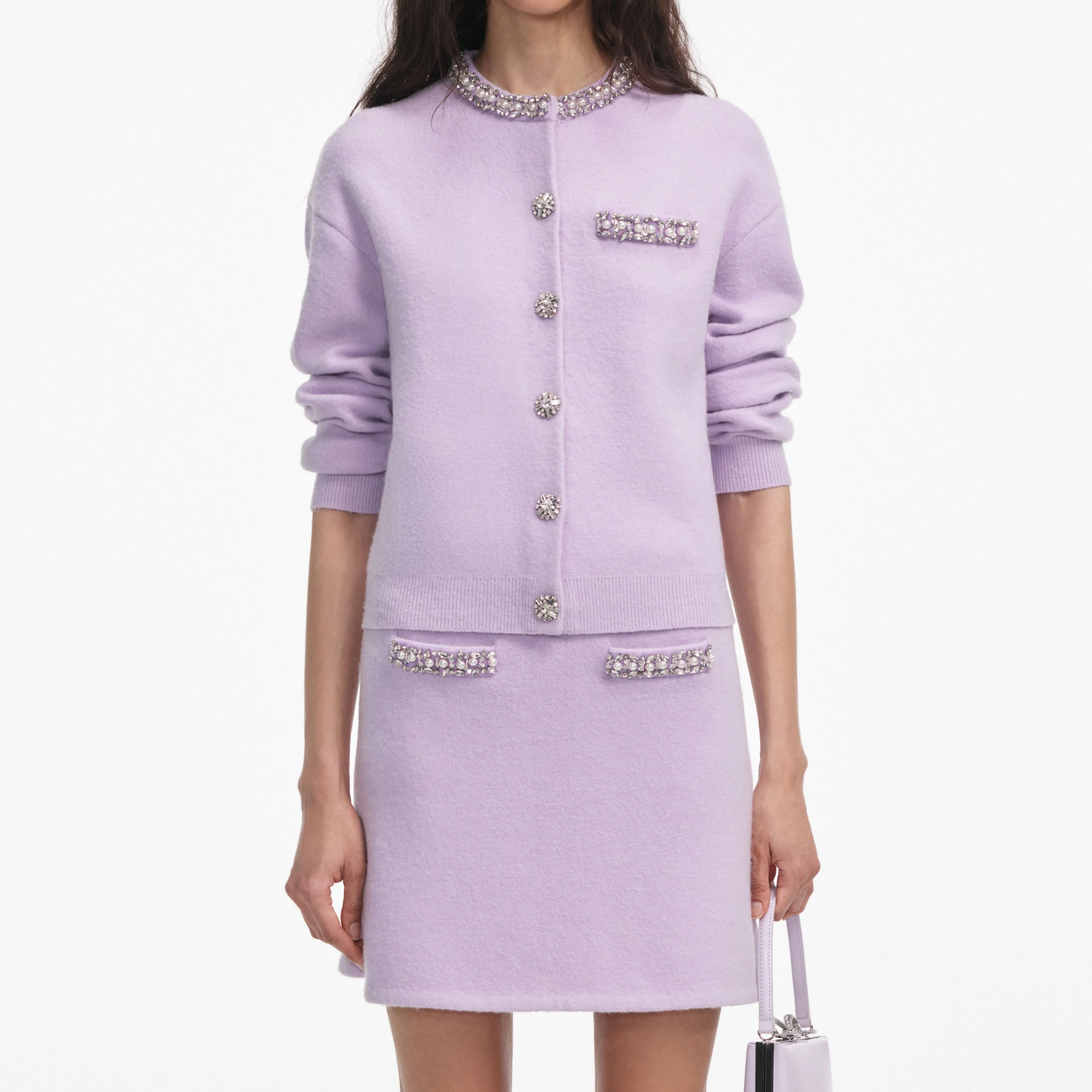 Lilac Crystal Trim Knit Skirt Self Portrait