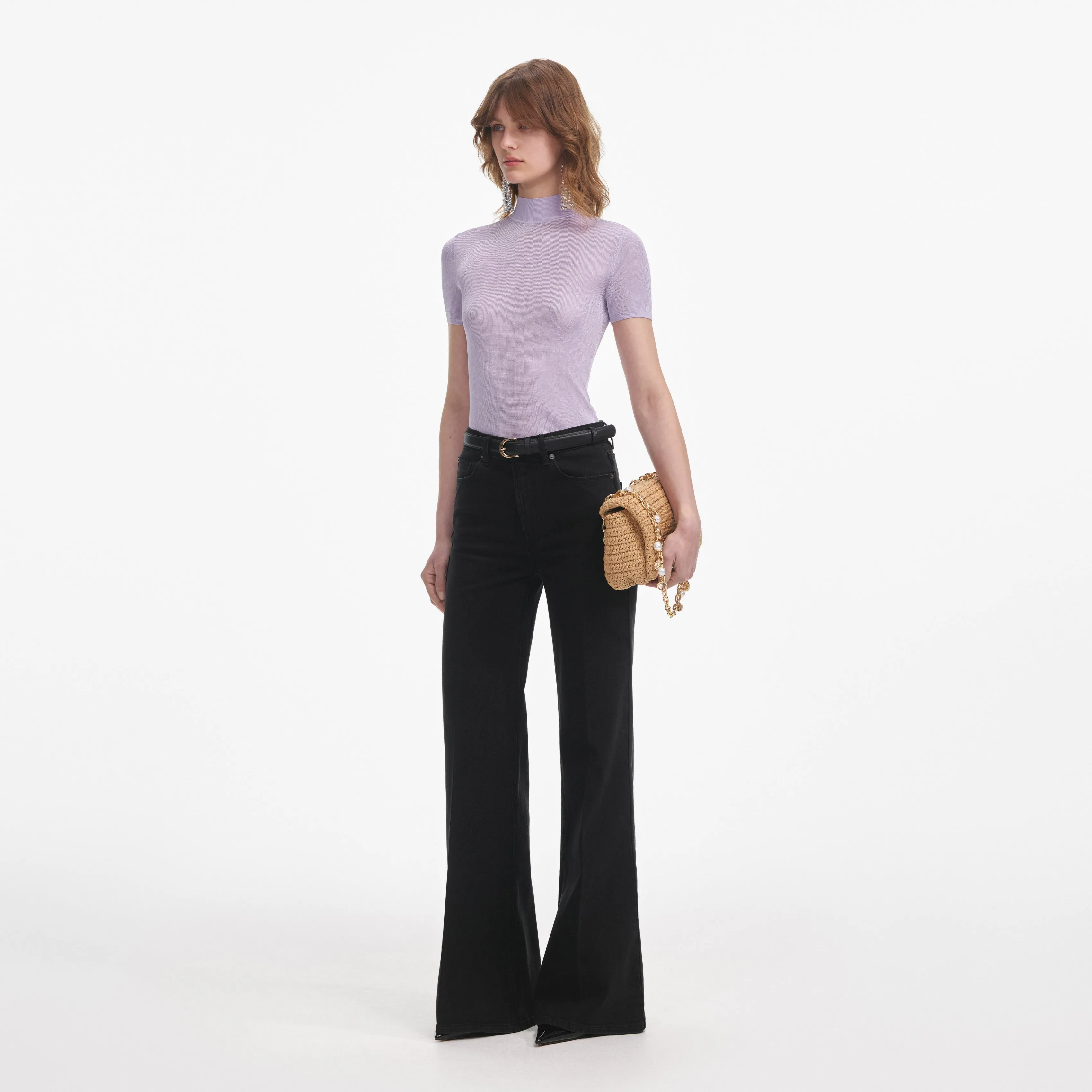 Lilac Viscose Knit Short Sleeve Top Self Portrait