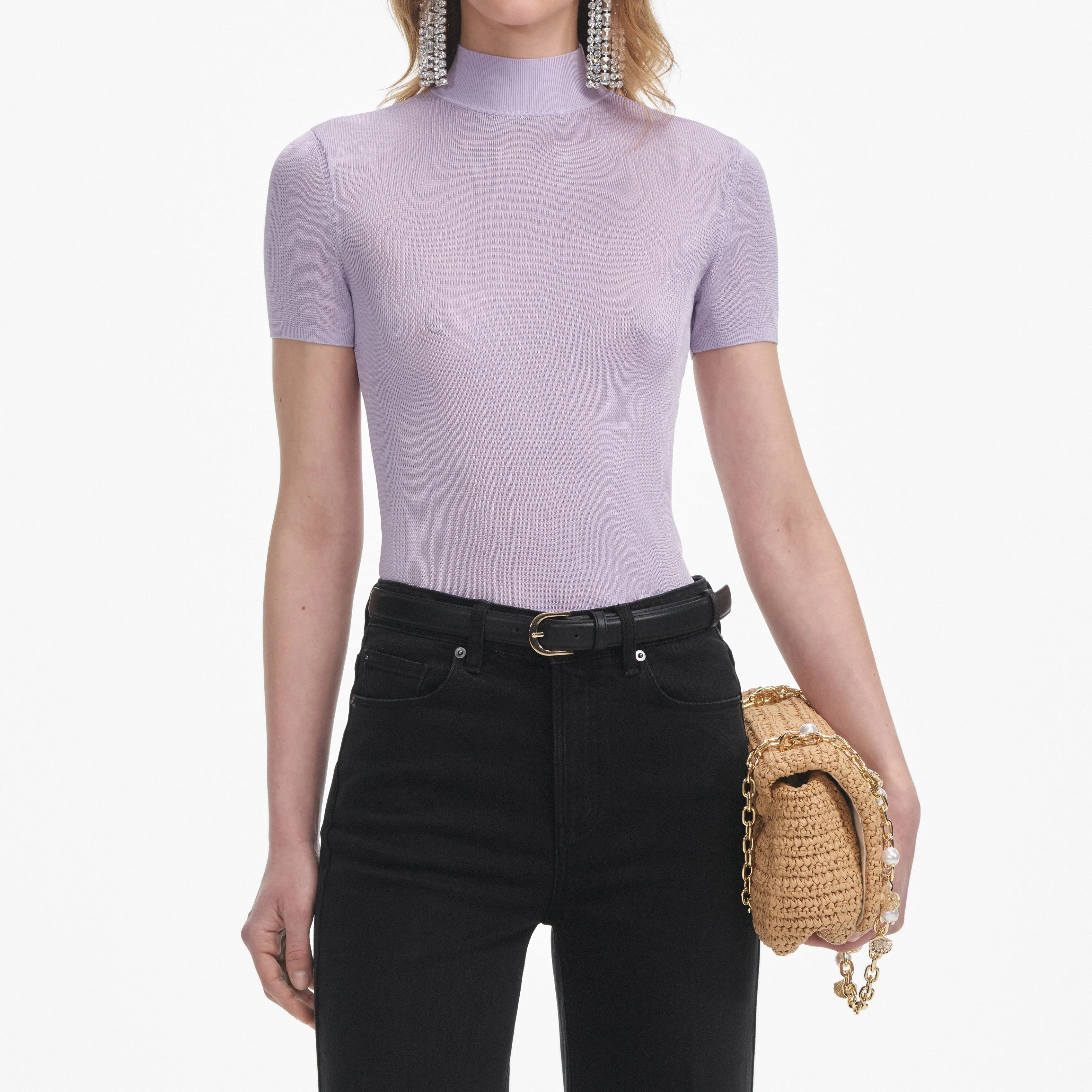 Lilac Viscose Knit Short Sleeve Top Self Portrait