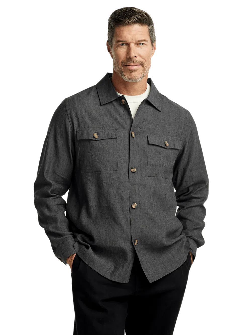 Linen Blend Solid Overshirt - Charcoal