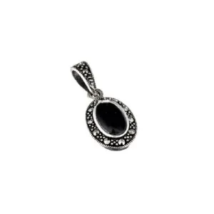 London Vintage Sterling Silver Marcasite and Onyx Pendant