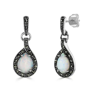 London Vintage Sterling Silver Marcasite and Opal Drop Earrings