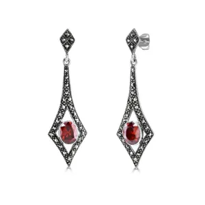 London Vintage Sterling Silver Marcasite and Red CZ Drop Earrings