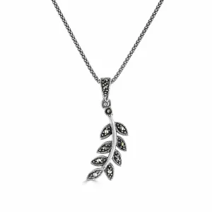 London Vintage Sterling Silver Marcasite Leaf Shape Pendant