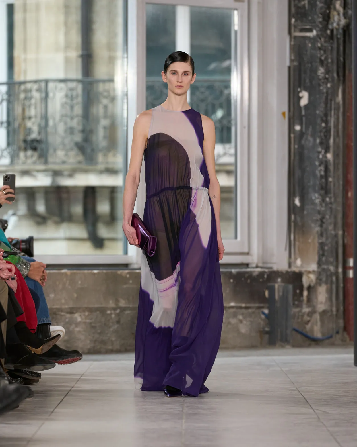 Long A-Line Silk Dress with Purple Loop Print 
