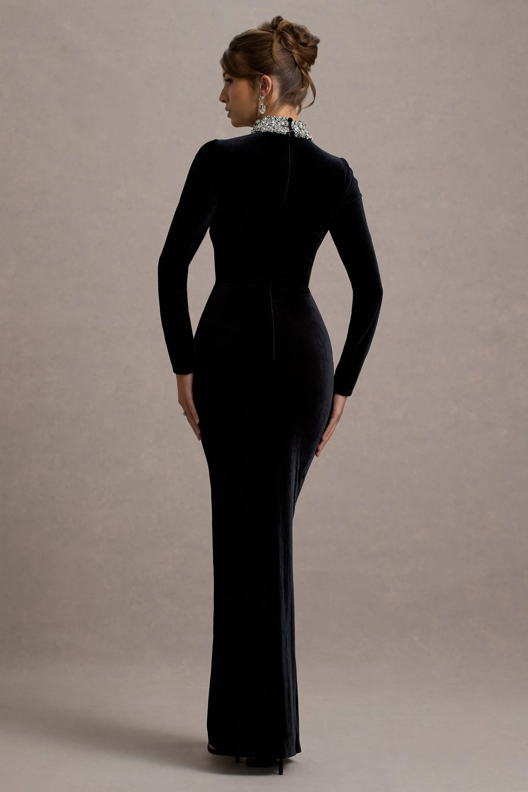 Love Lost | Black Velvet Embellished Twist Maxi Dress Club L London