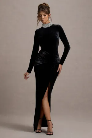Love Lost | Black Velvet Embellished Twist Maxi Dress Club L London