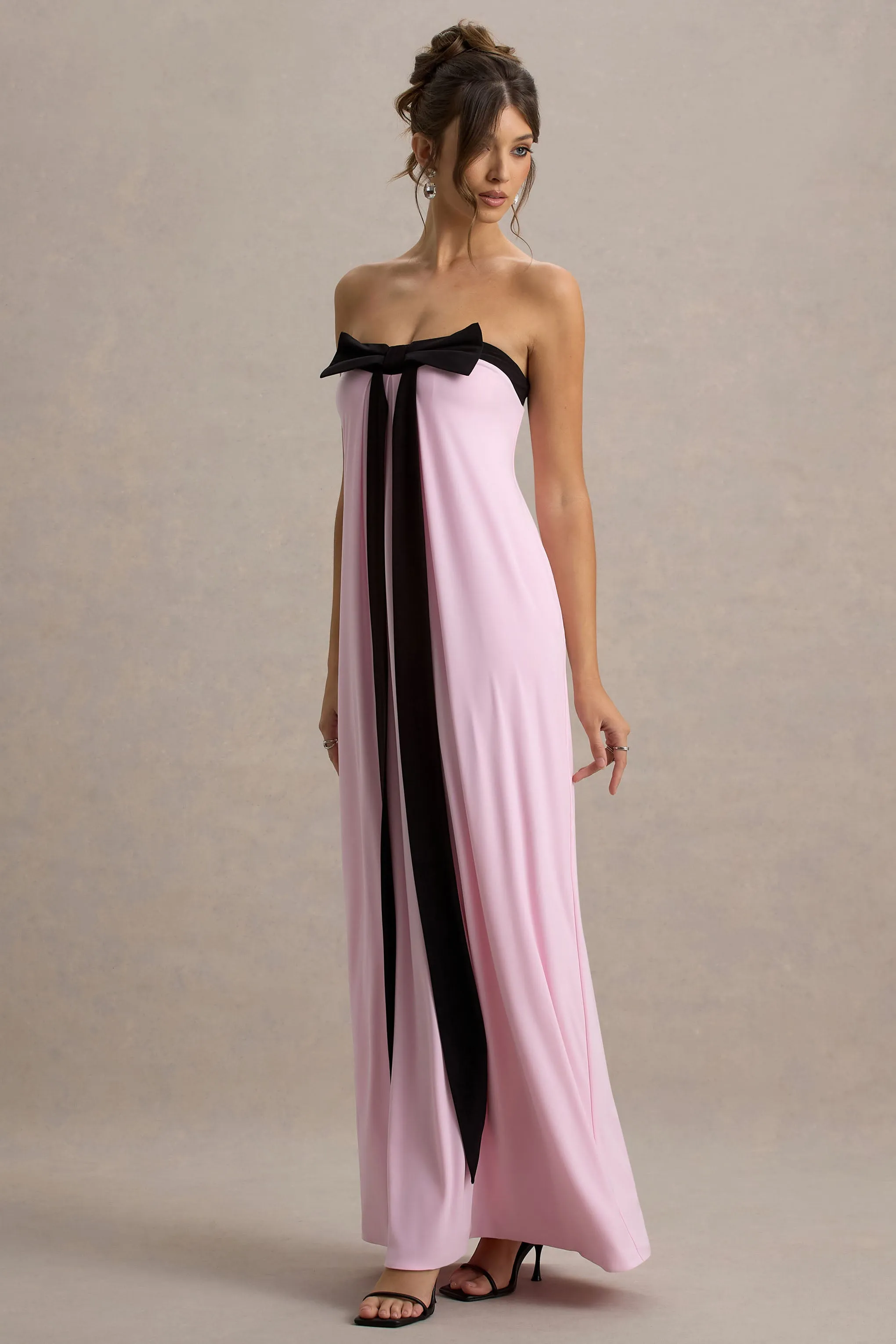 Mckenna | Pink Strapless Maxi Dress With Black Bow Club L London