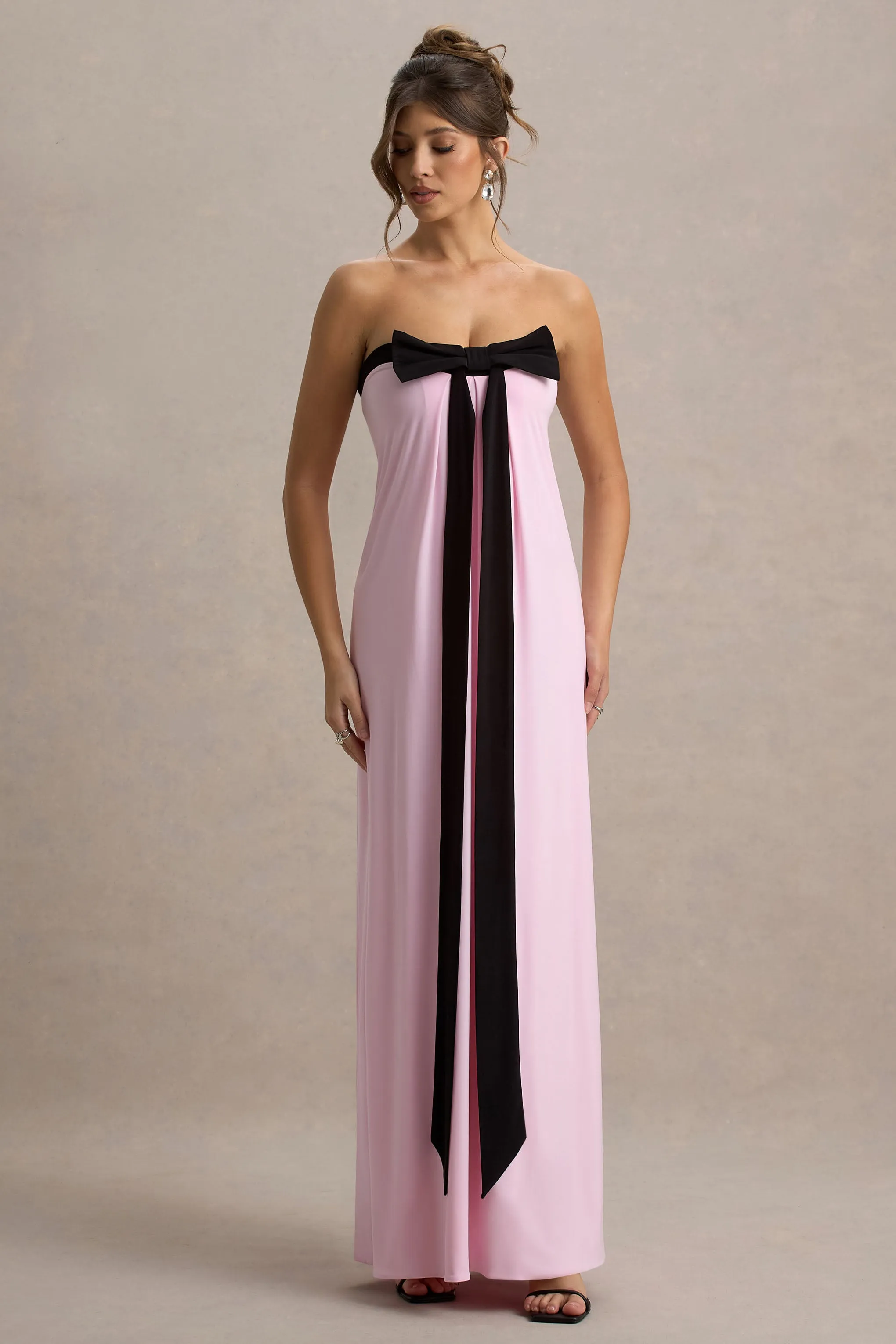 Mckenna | Pink Strapless Maxi Dress With Black Bow Club L London
