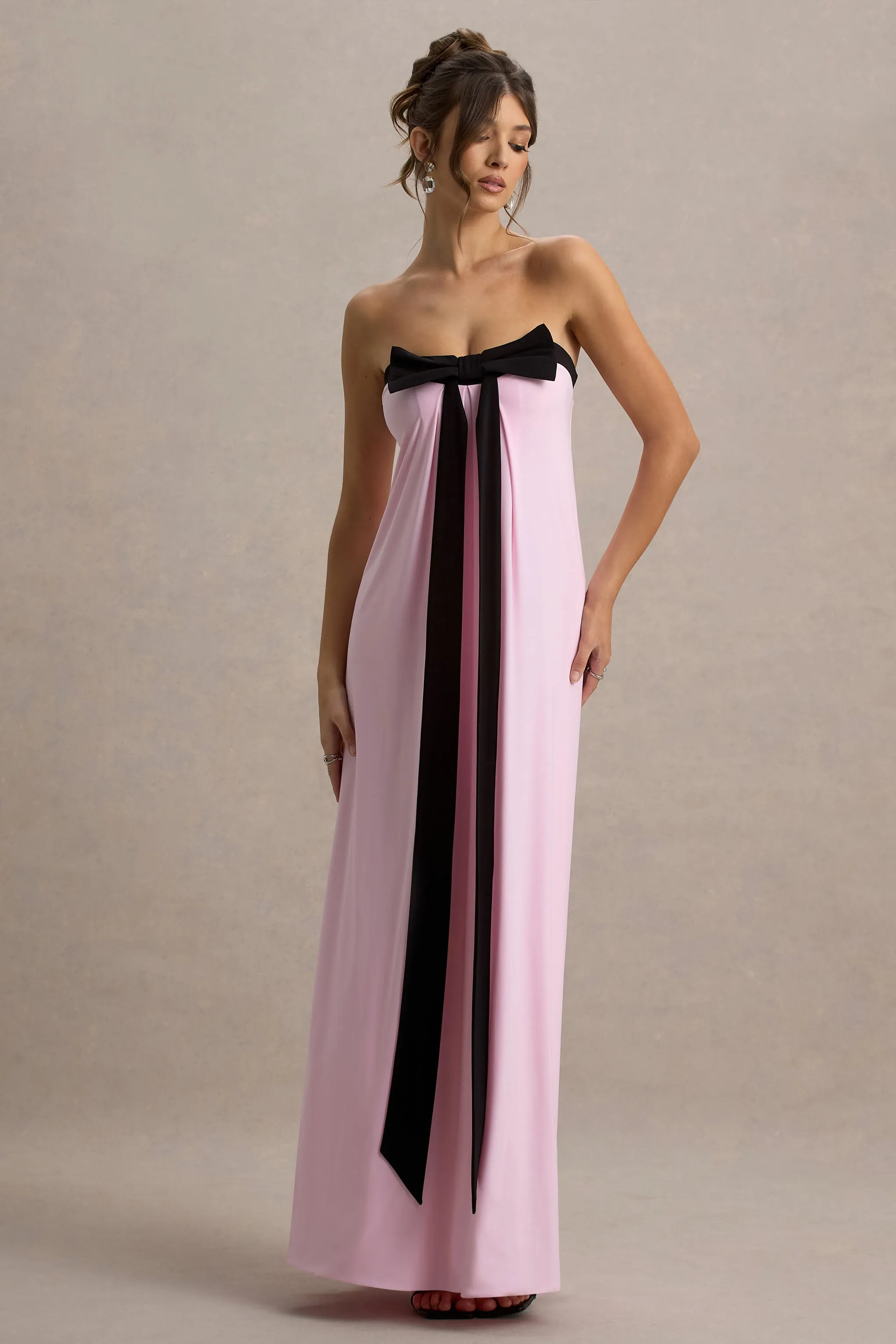 Mckenna | Pink Strapless Maxi Dress With Black Bow Club L London