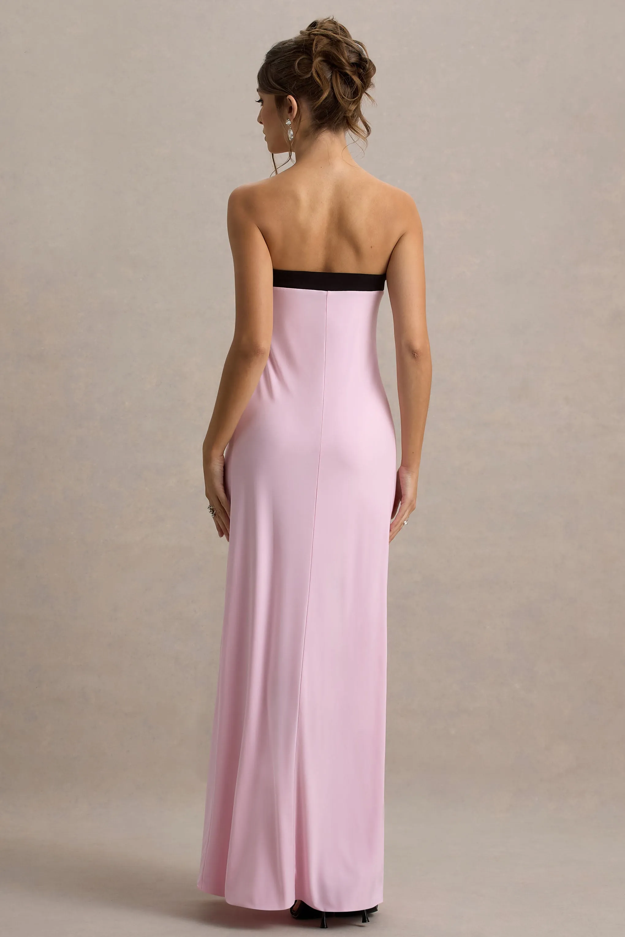 Mckenna | Pink Strapless Maxi Dress With Black Bow Club L London