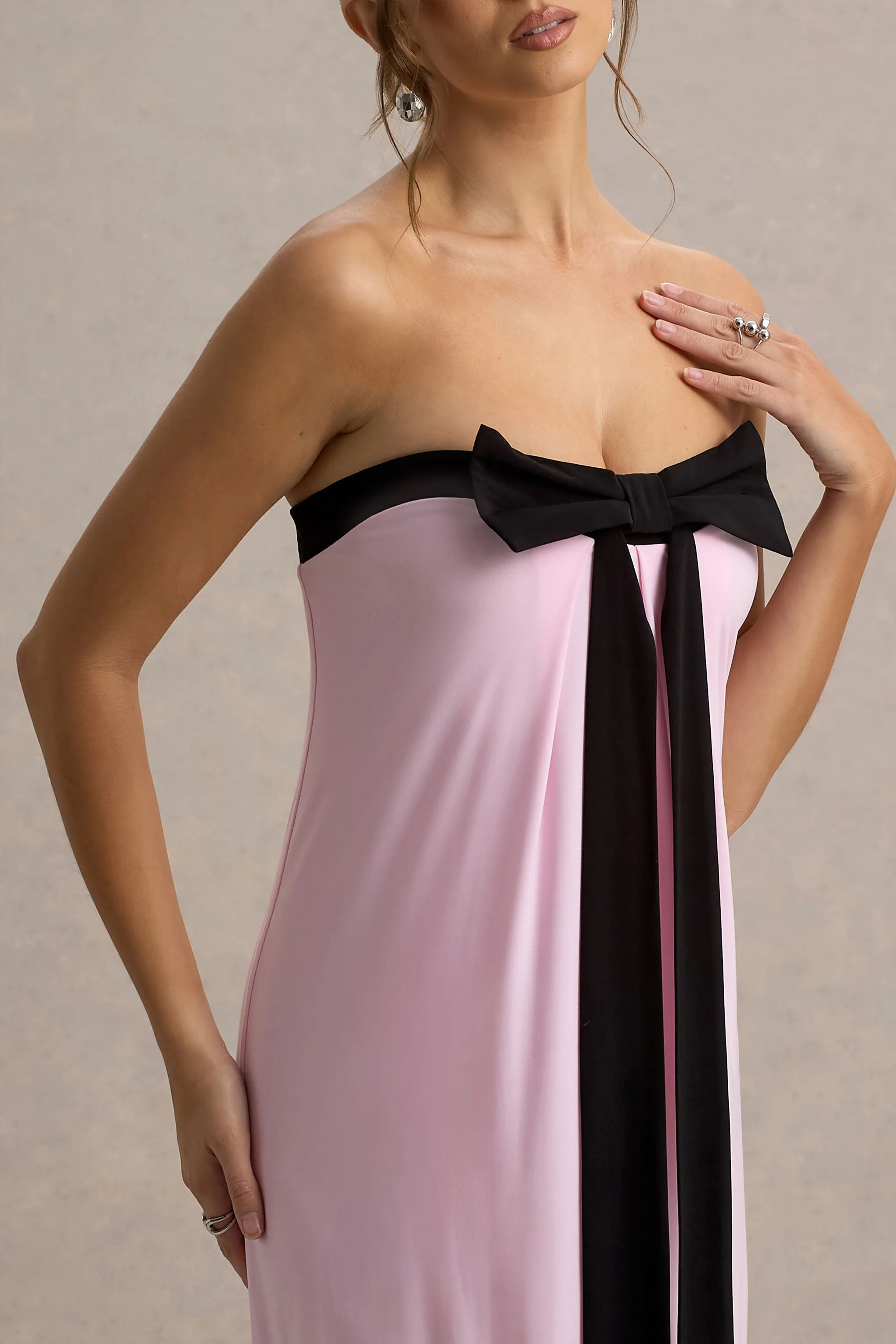 Mckenna | Pink Strapless Maxi Dress With Black Bow Club L London