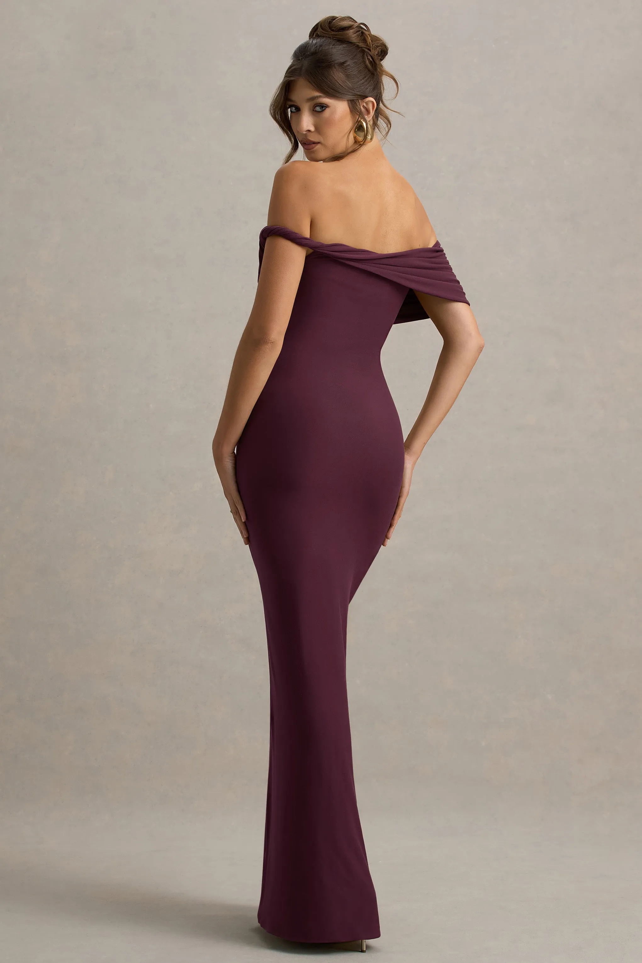 Melika | Burgundy Twisted Bardot Maxi Dress Club L London