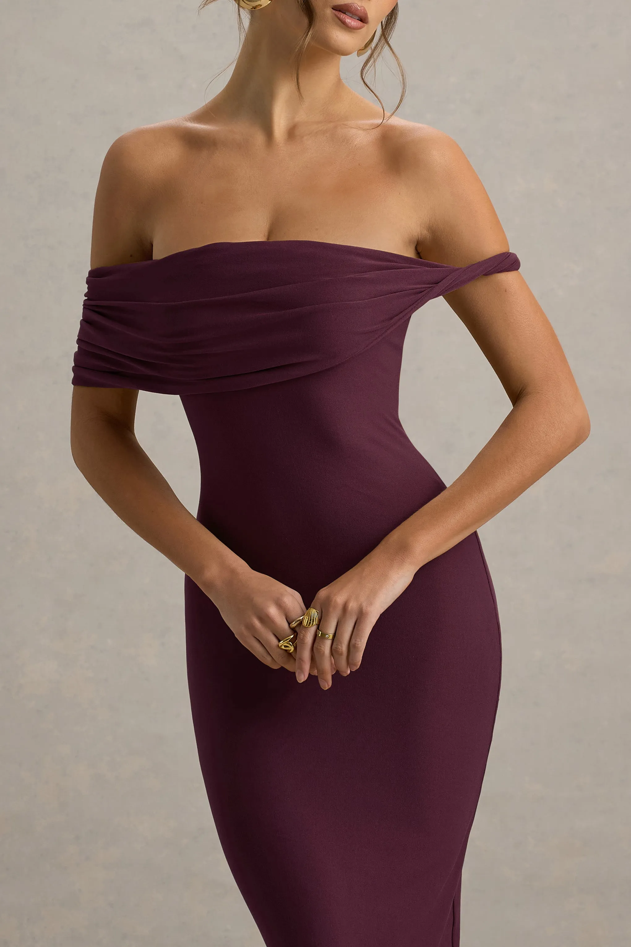 Melika | Burgundy Twisted Bardot Maxi Dress Club L London