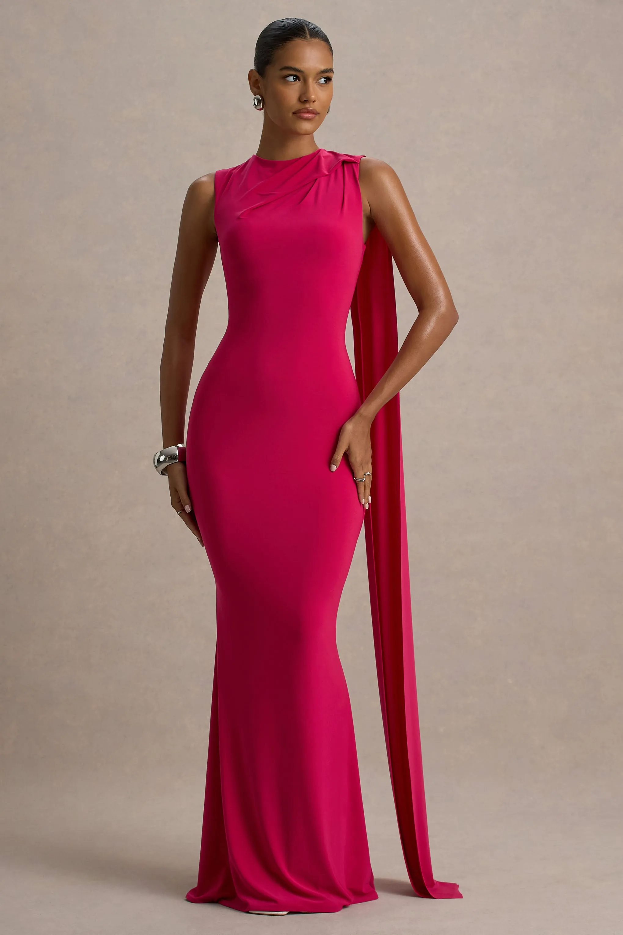 Mia | Hot Pink Maxi Dress With Sash Club L London