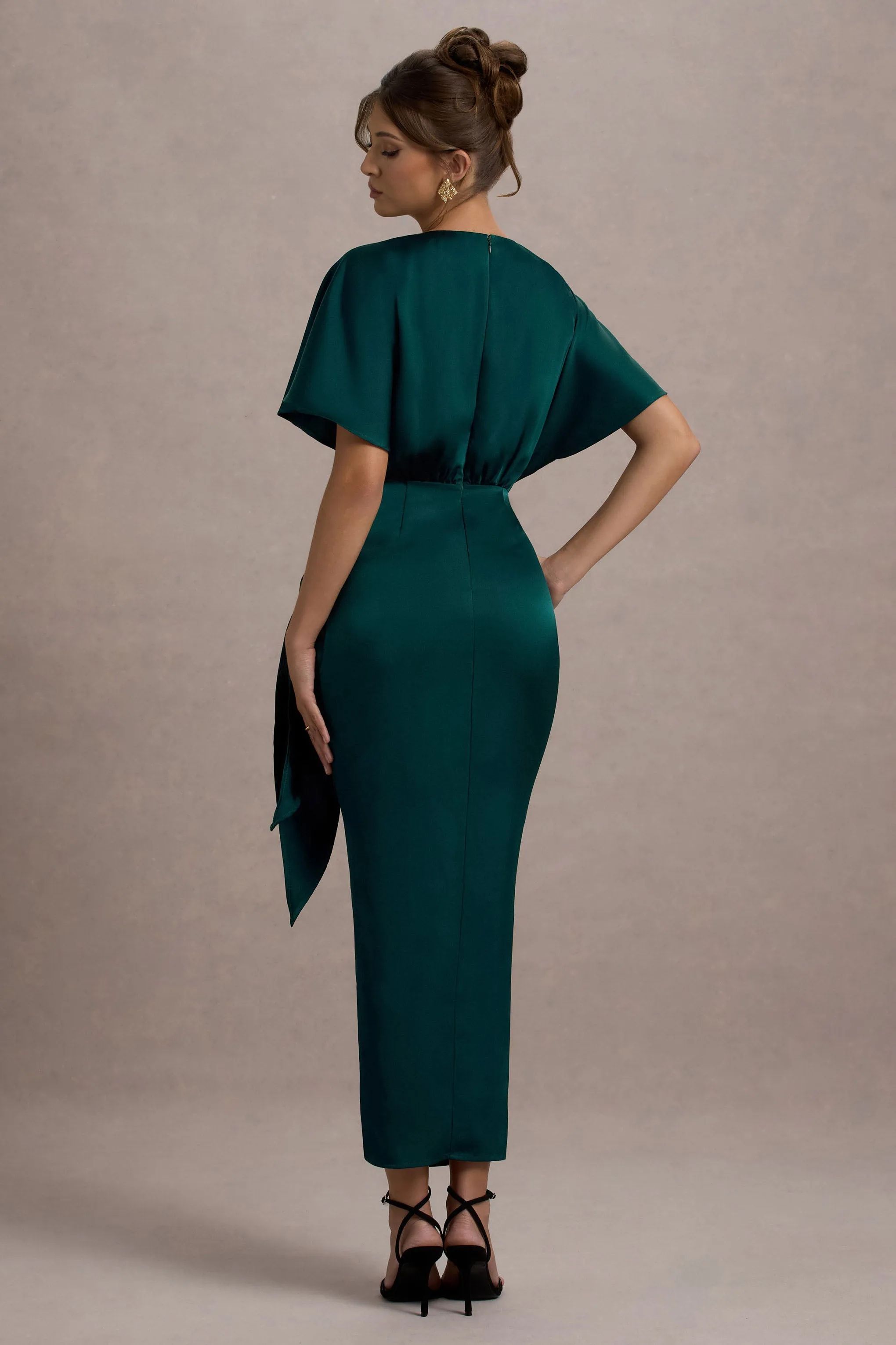 Mika | Bottle Green Satin Short-Sleeve Wrap Maxi Dress Club L London