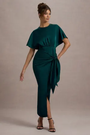 Mika | Bottle Green Satin Short-Sleeve Wrap Maxi Dress Club L London