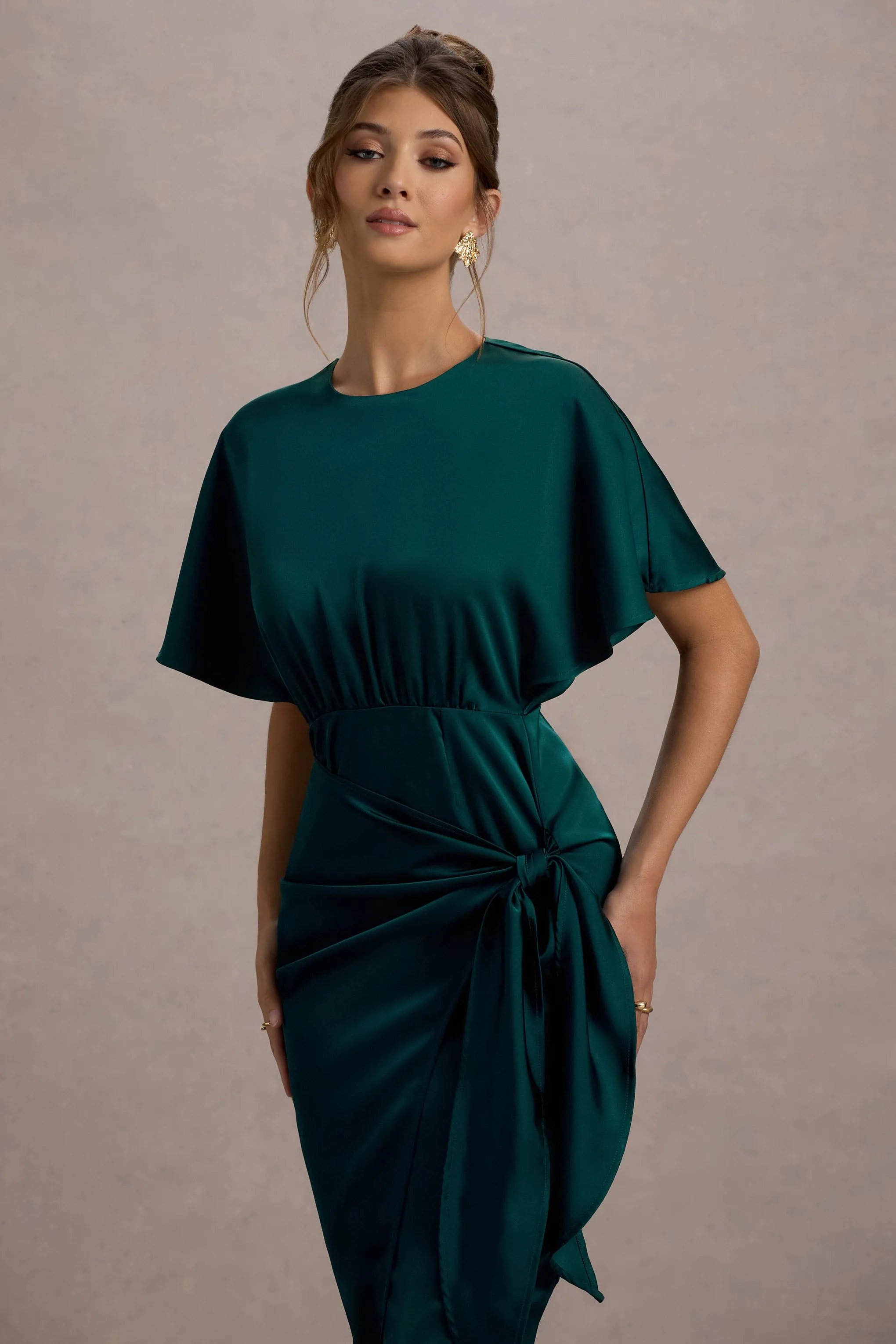 Mika | Bottle Green Satin Short-Sleeve Wrap Maxi Dress Club L London