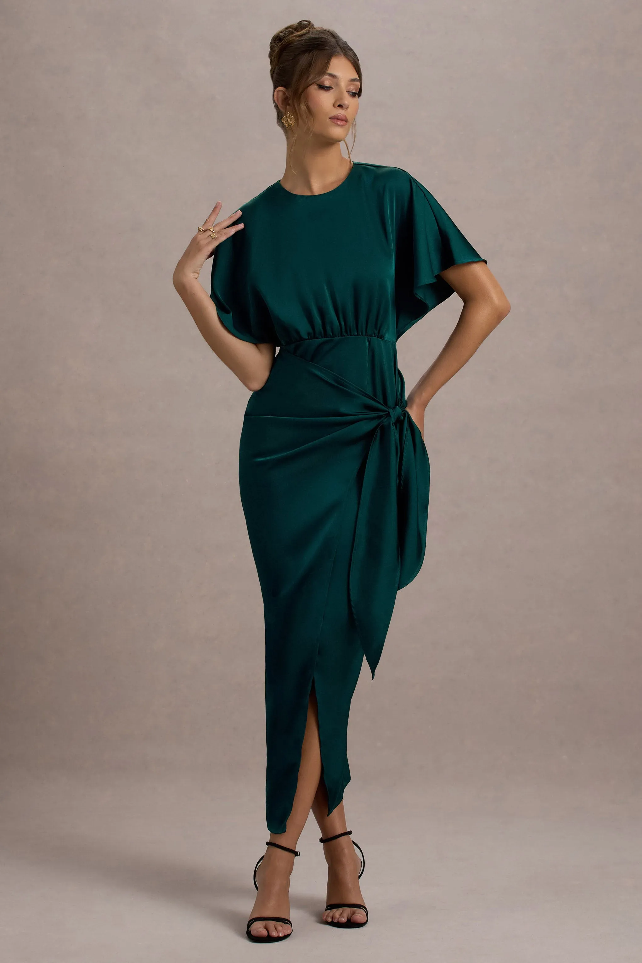 Mika | Bottle Green Satin Short-Sleeve Wrap Maxi Dress Club L London