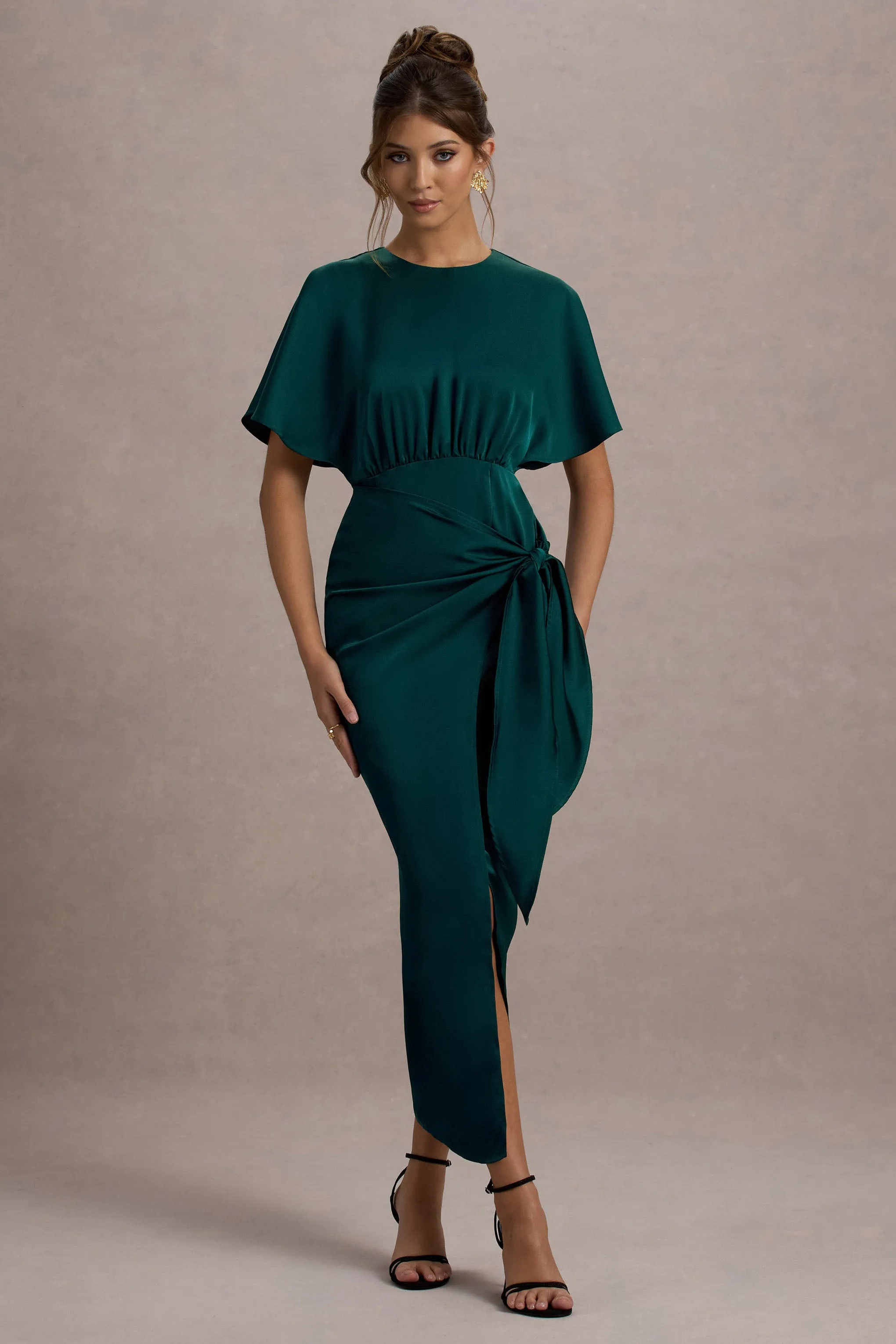 Mika | Bottle Green Satin Short-Sleeve Wrap Maxi Dress Club L London