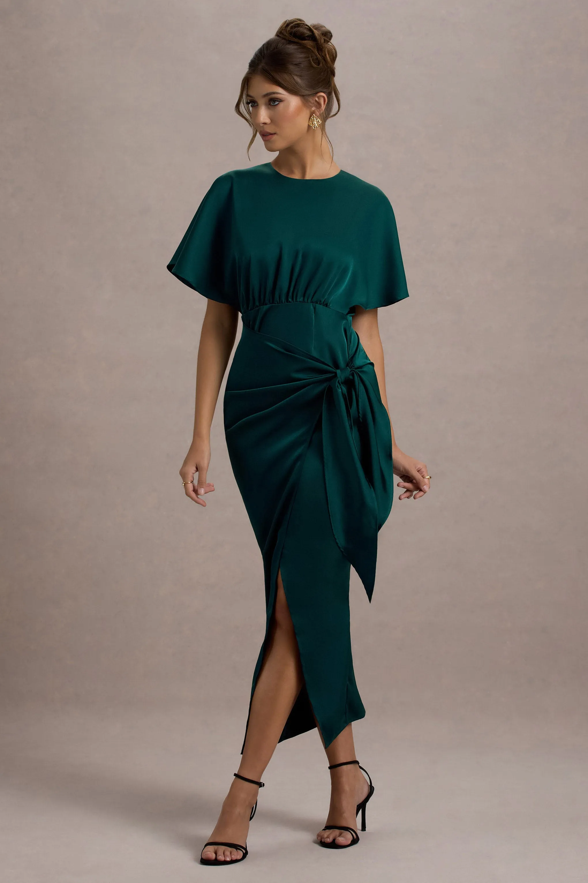 Mika | Bottle Green Satin Short-Sleeve Wrap Maxi Dress Club L London