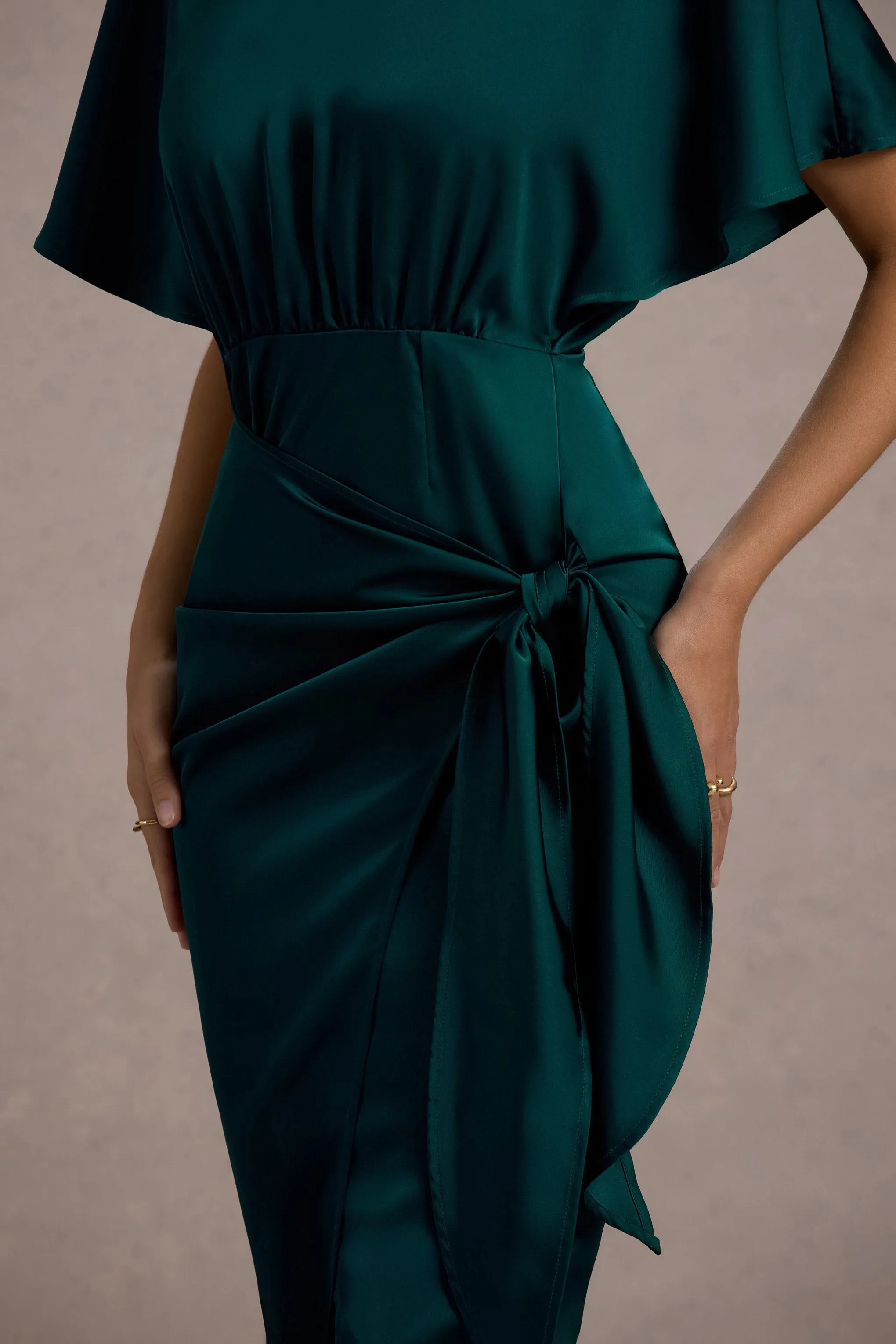 Mika | Bottle Green Satin Short-Sleeve Wrap Maxi Dress Club L London