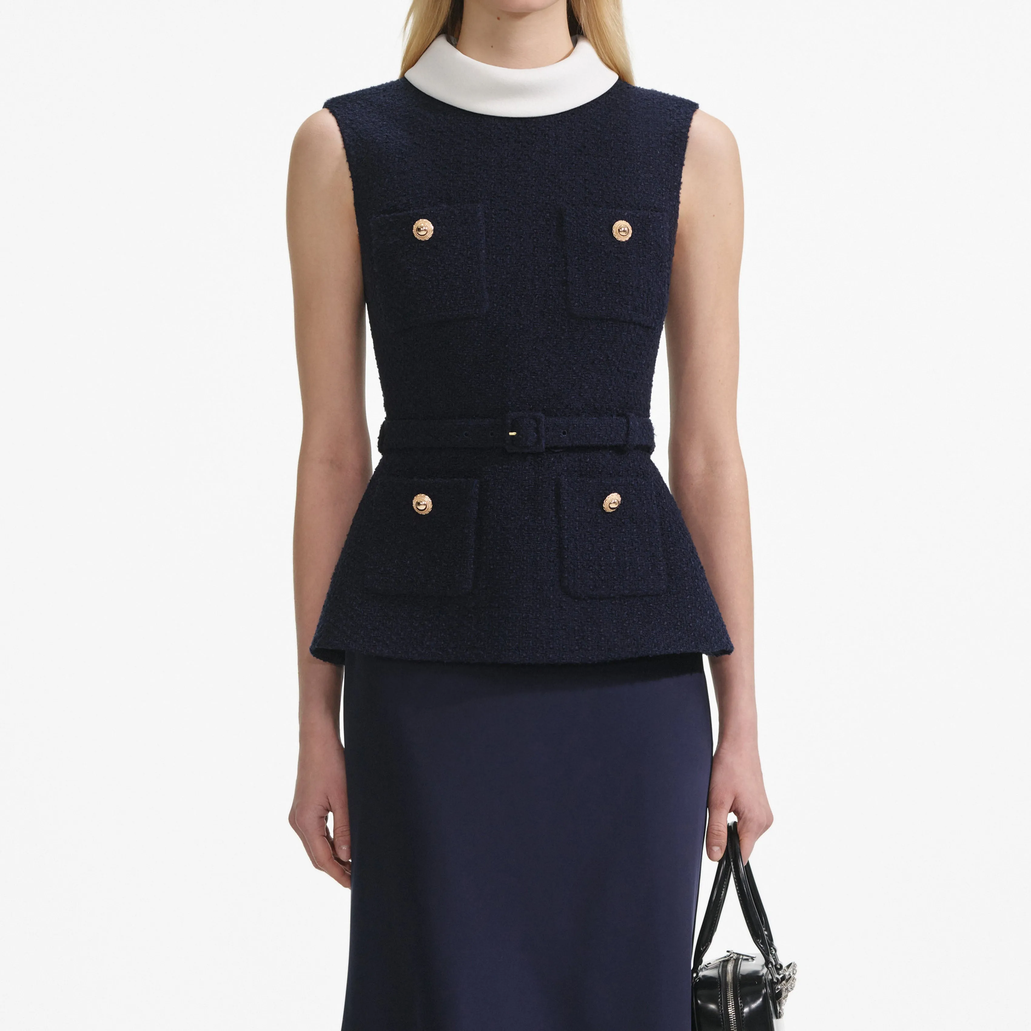 Navy Boucle Sleeveless Midi Dress Self Portrait