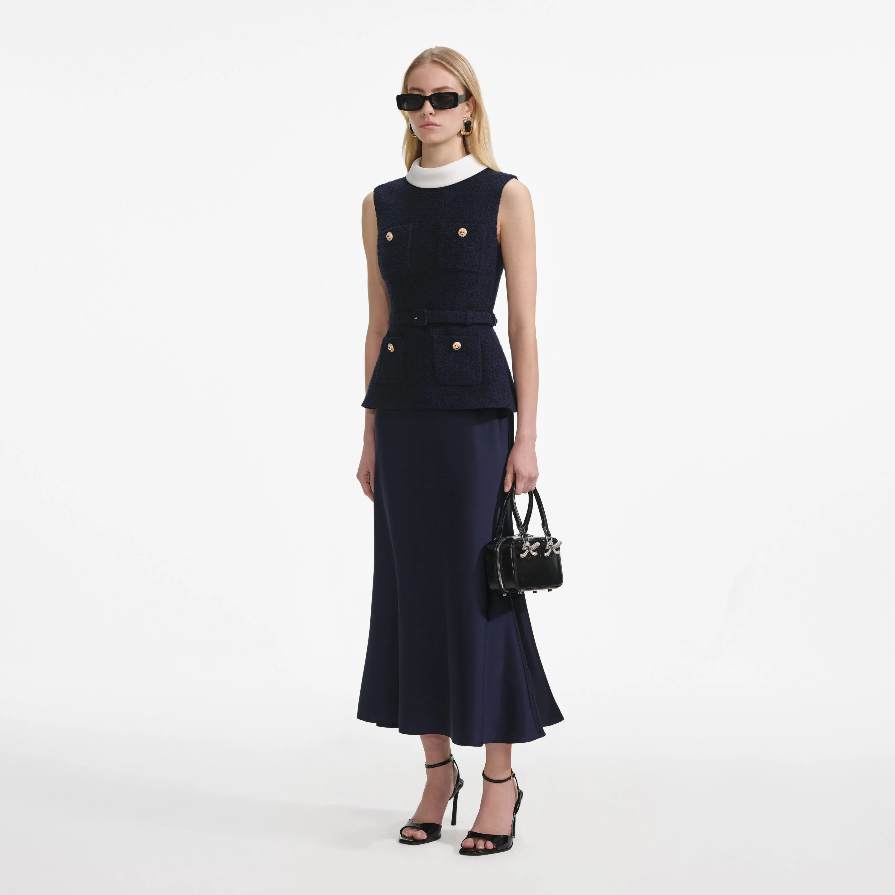 Navy Boucle Sleeveless Midi Dress Self Portrait