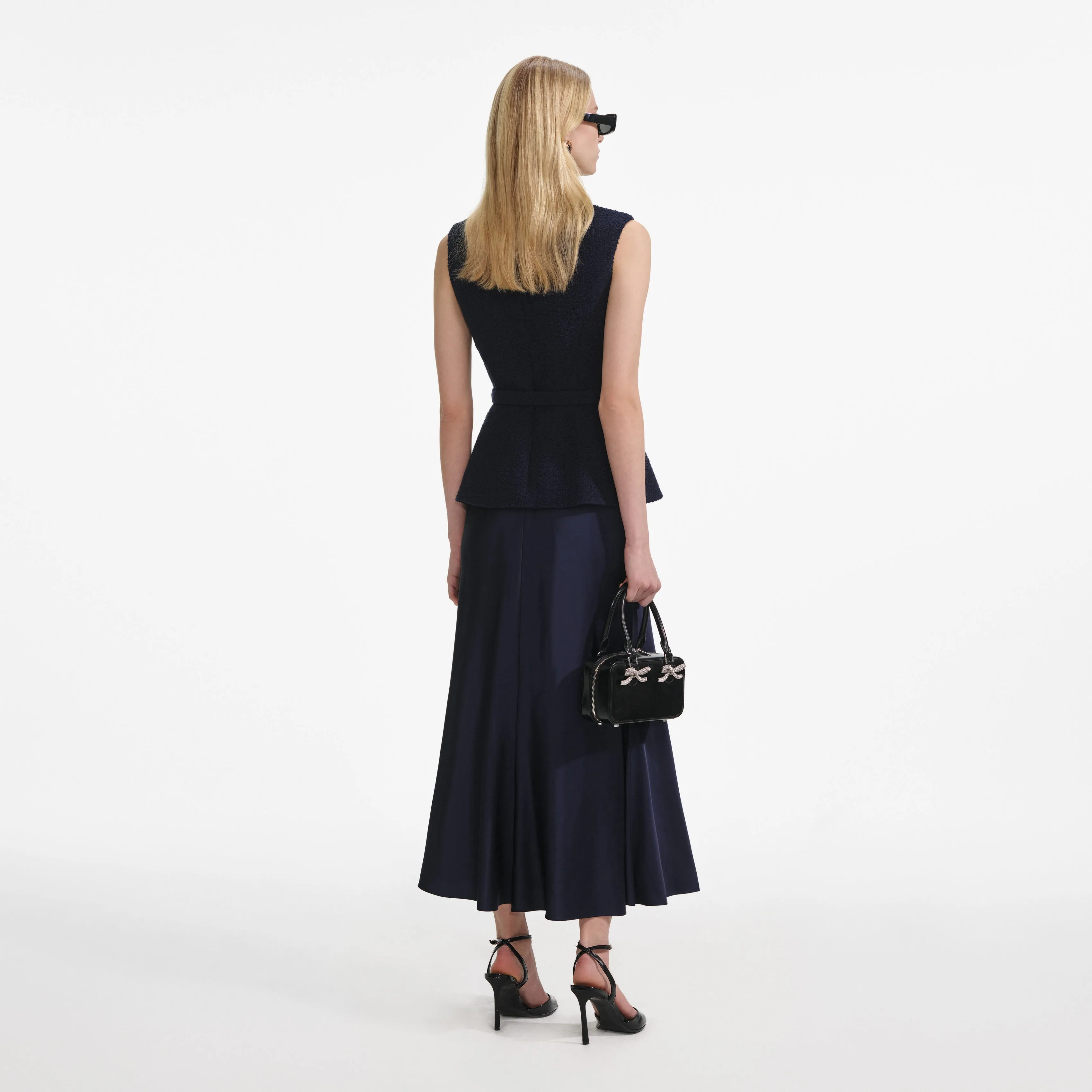 Navy Boucle Sleeveless Midi Dress Self Portrait