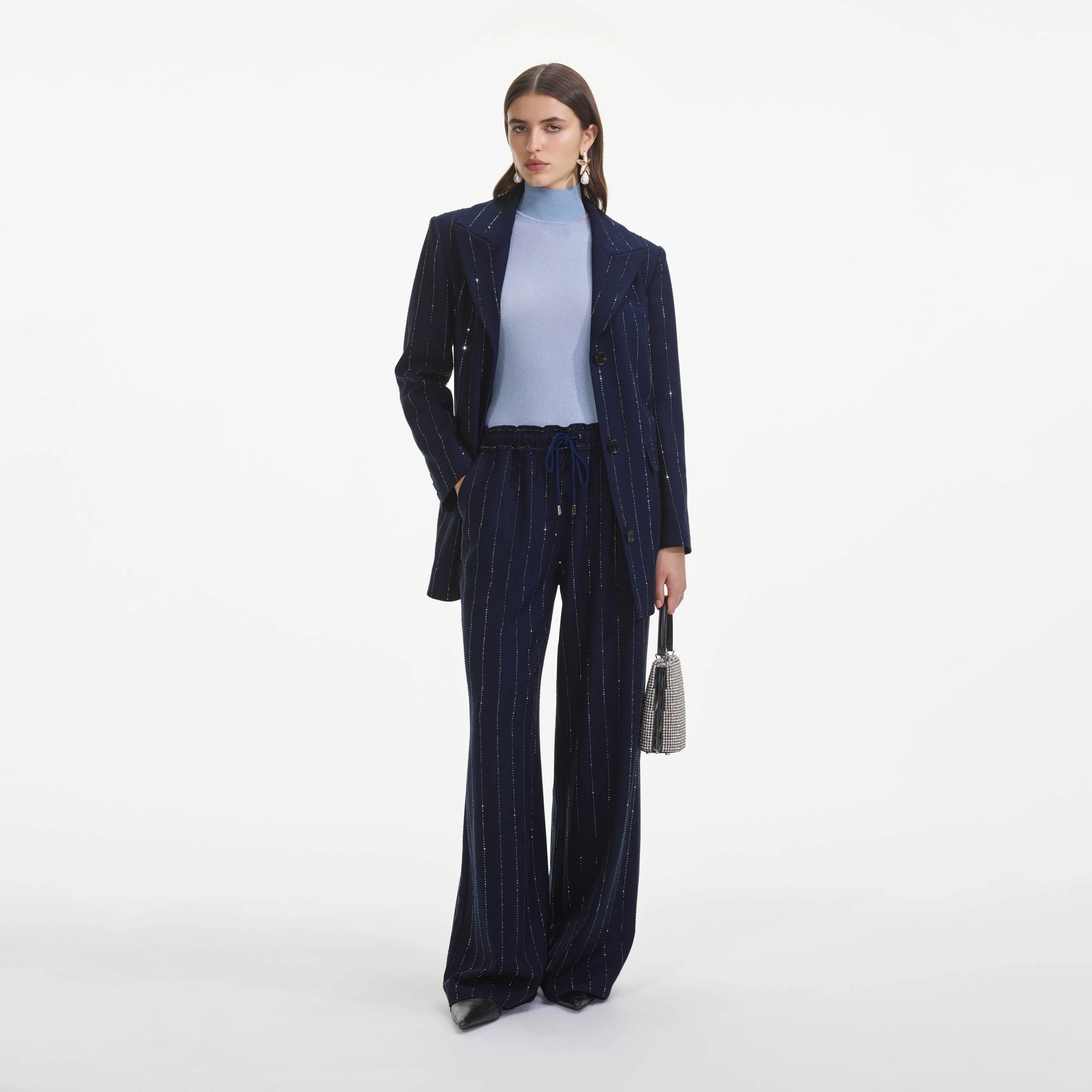 Navy Rhinestone Pinstripe Trousers Self Portrait