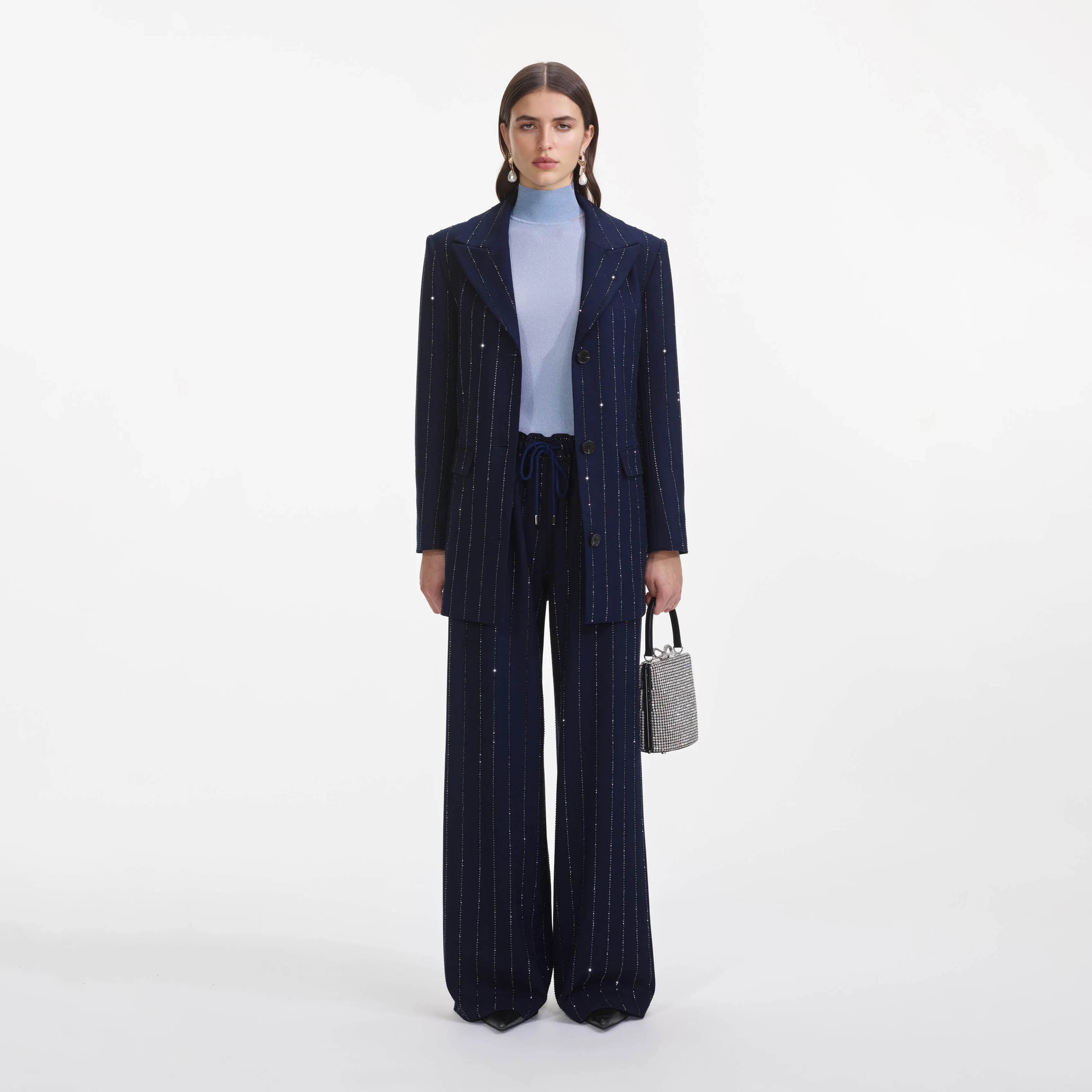 Navy Rhinestone Pinstripe Trousers Self Portrait