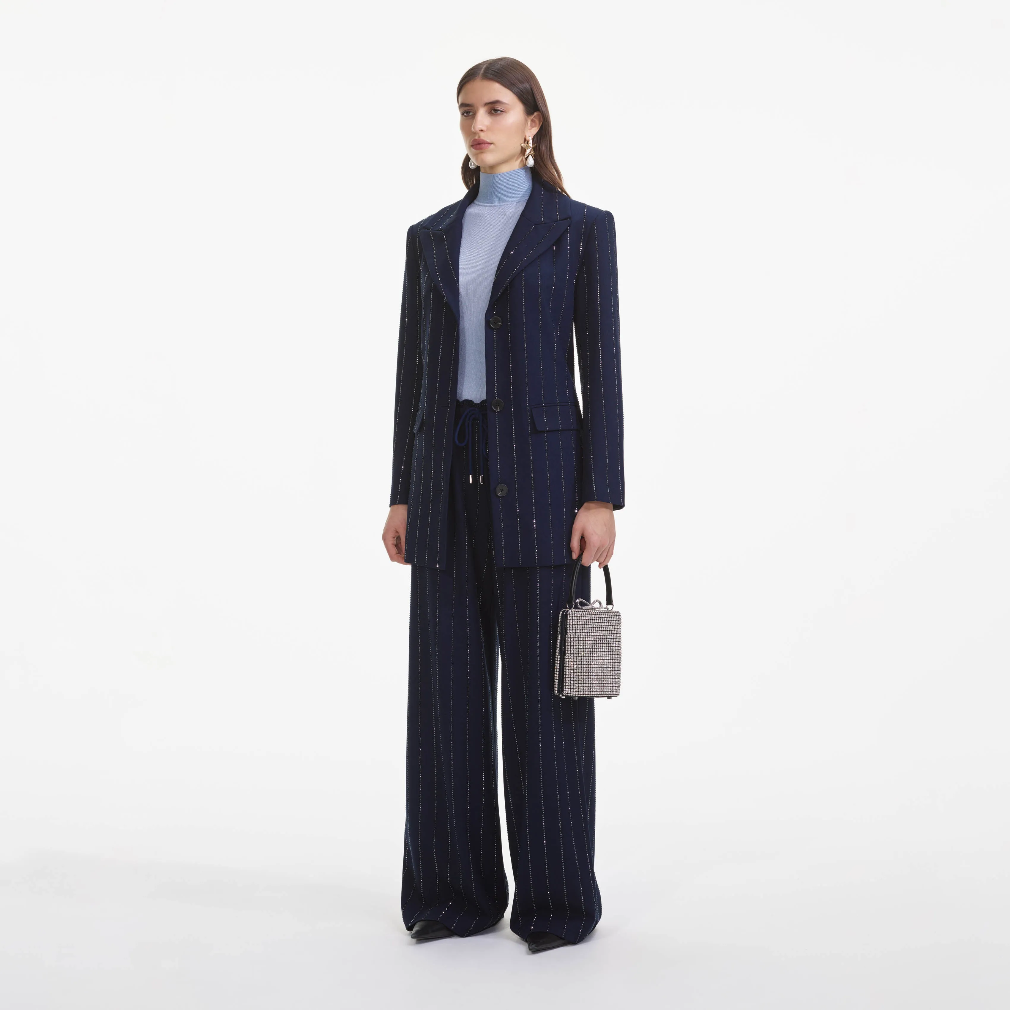 Navy Rhinestone Pinstripe Trousers Self Portrait