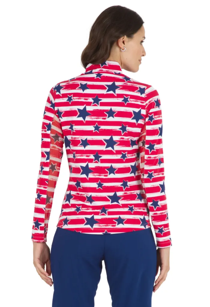 New Ibkul Americana Print Long Sleeve Print Mock Top MSP$100