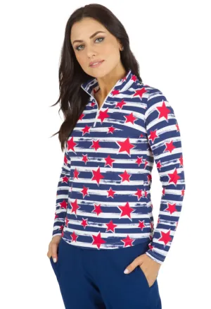 New Ibkul Americana Print Long Sleeve Print Mock Top MSP$100