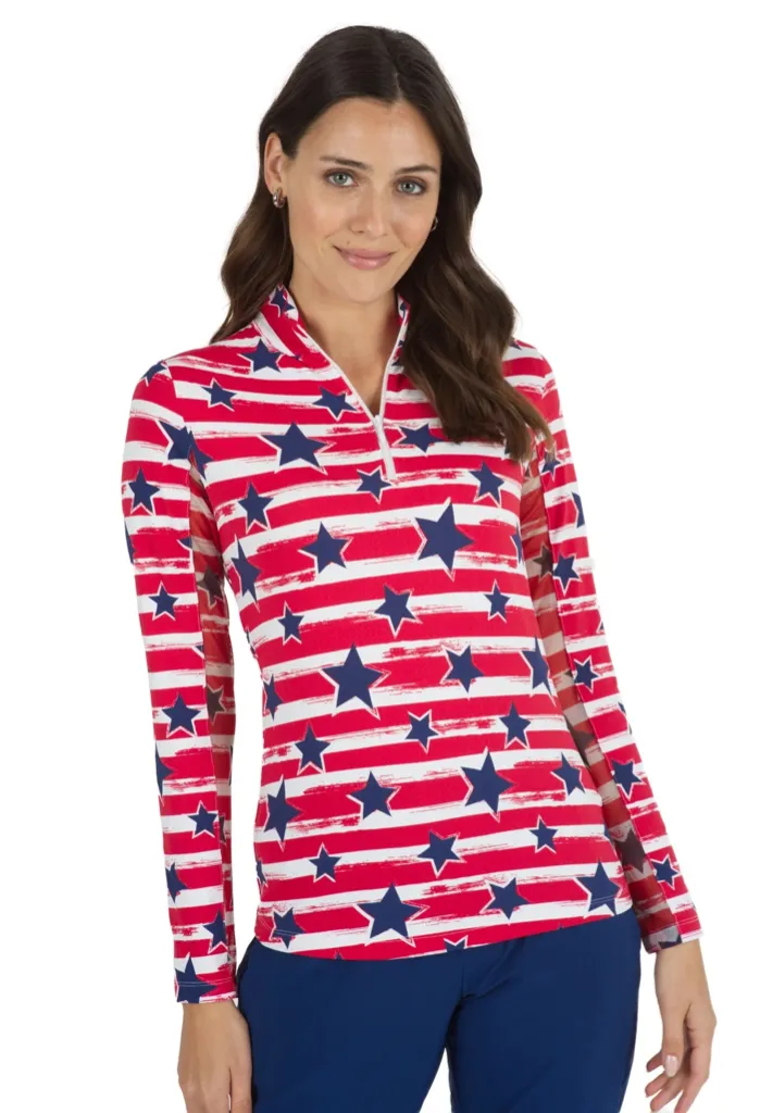 New Ibkul Americana Print Long Sleeve Print Mock Top MSP$100