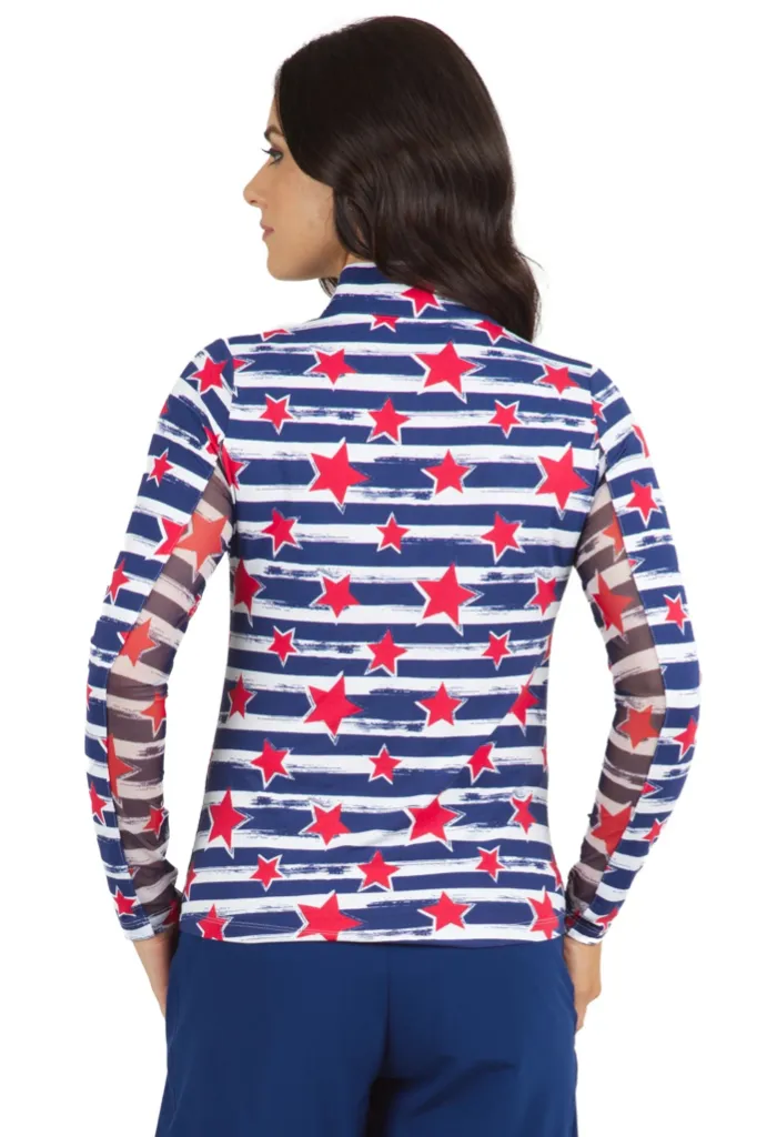 New Ibkul Americana Print Long Sleeve Print Mock Top MSP$100